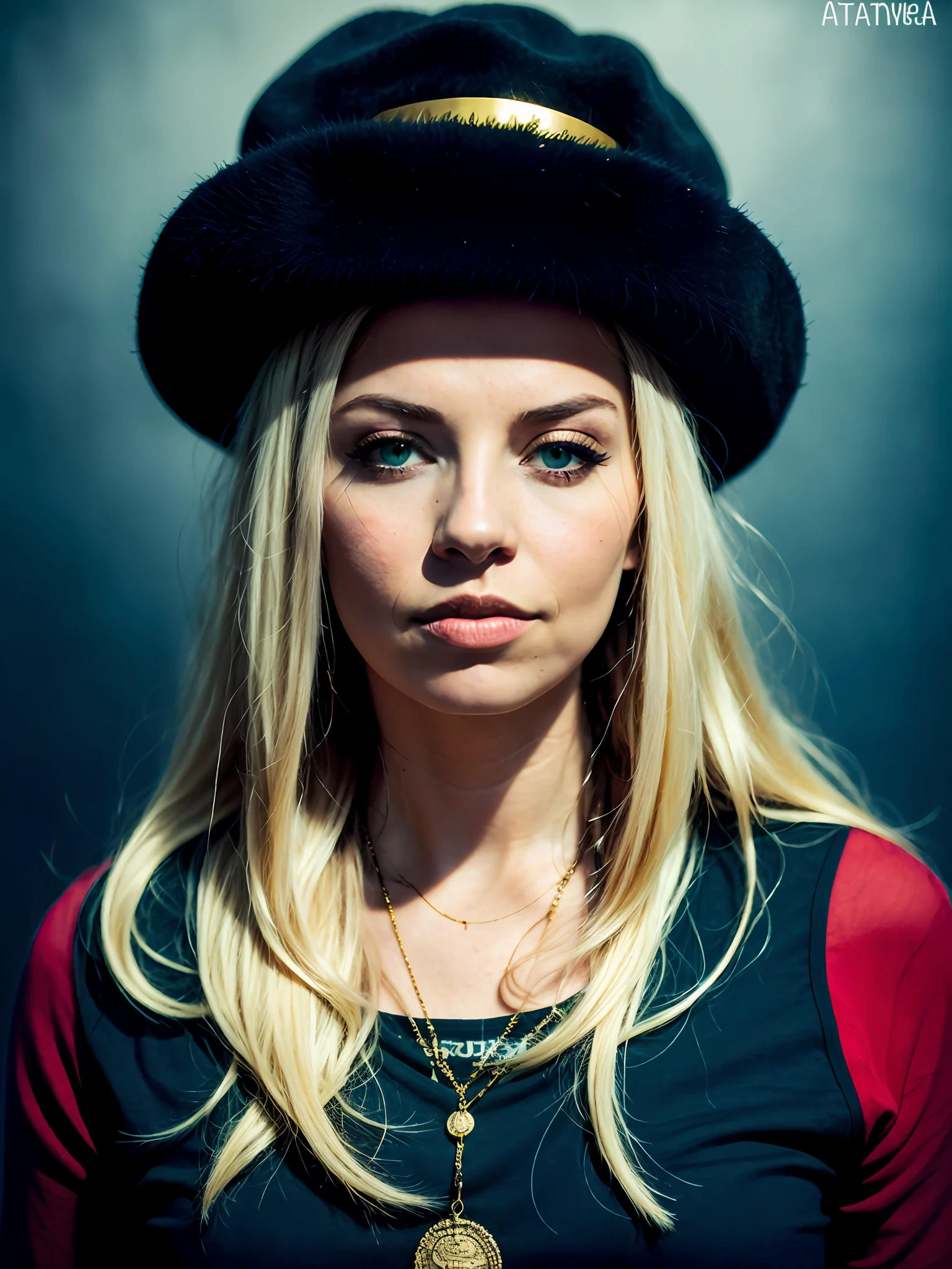 blond woman with a black hat and a necklace with a gold medallion, 60mm portrait, 50mm portrait, die antwoord yolandi portrait, 7 0 mm portrait, post grunge portrait, perfectly centered portrait, cinematic portrait, 50 mm lens photo portrait, cinematic headshot portrait, 1 3 5 mm nikon portrait