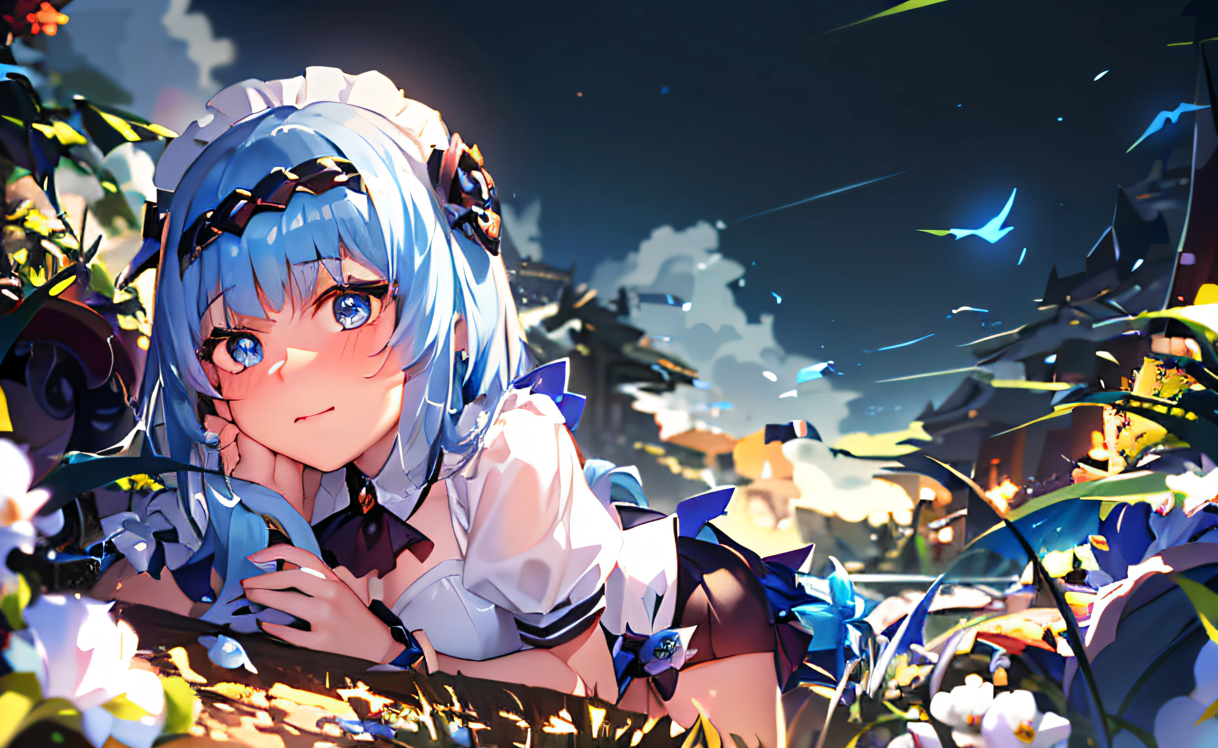 8K best quality，A beautiful girl with blue hair（Authentic skin，Supple skin）Hair that is over-the-shoulder，Big sapphire eyes，Snow-white fluffy long eyelashes，Apple-like little face，Cherry-like little lips，Puff blush，A dazzling heart-shaped necklace hangs from his chest，Wear delicate and small earrings on both ears，Both hands wear ordinary and elegant bracelets。A brown coat draped over the shoulders，(Sitting on a park bench，Behind him are freshly trimmed flowers and plants）Wearing a snow-white shirt，The buttons of the shirt are opened 2（Leaking attractive cleavage）Black shiny transparent over-the-knee socks，White gorgeous hip skirt，Dotted with her snowflake thighs，（She stretched her legs，Take off your high heels with one hand，One hand holds his chin and looks ahead）best light，best shadow，Animated movie lighting，Game CG characters
