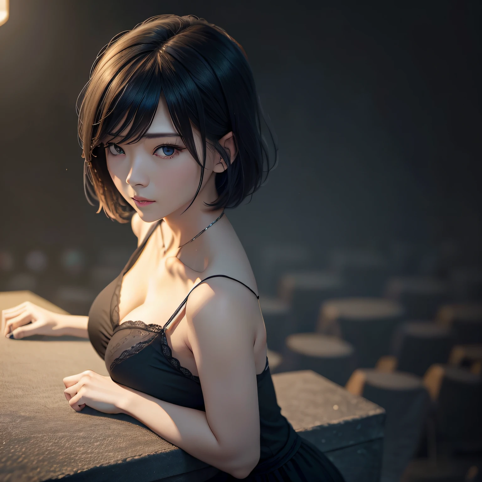 best qualtiy, tmasterpiece, 超高分辨率, (realisticlying:1.5), RAW photogr, A girl in her twenties, bshoulders, in the darkness nigth, deep shading, low tune, cold light, Sexy look, Short hair to the shoulders,Chinese looks