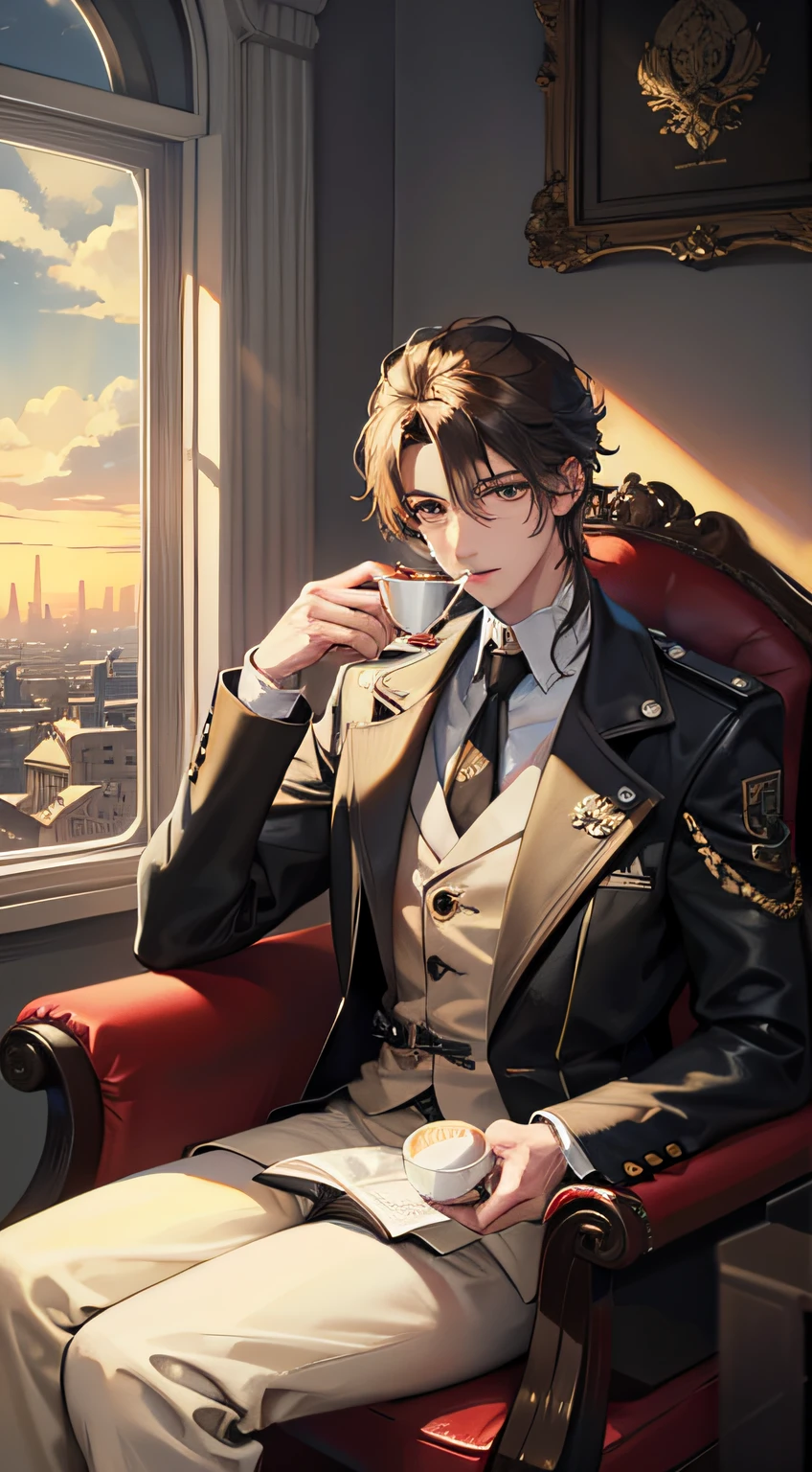 A handsome guy sits comfortably drinking tea in a global frozen apocalyptic villa --auto