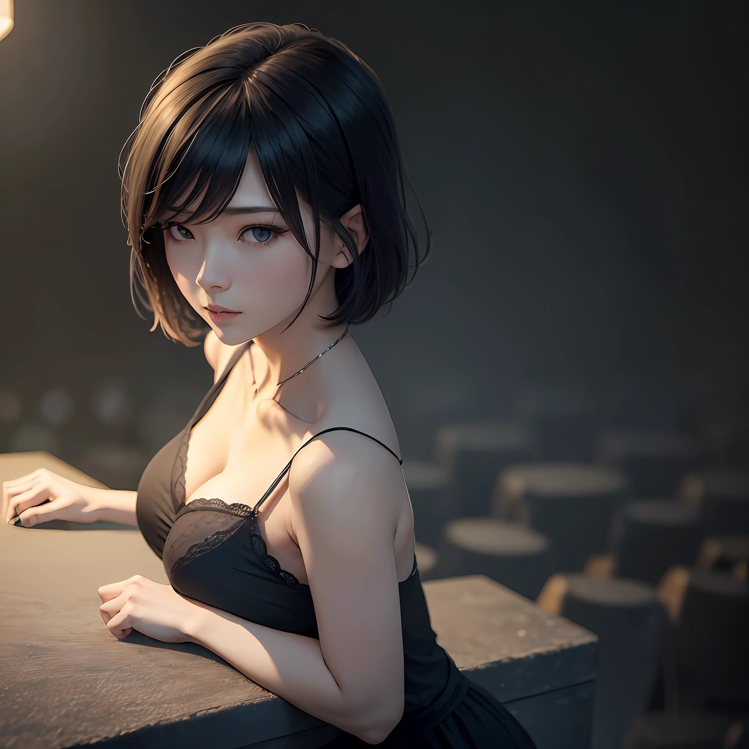 best qualtiy, tmasterpiece, 超高分辨率, (realisticlying:1.5), RAW photogr, A girl in her twenties, bshoulders, in the darkness nigth, deep shading, low tune, cold light, Sexy look, Short hair to the shoulders,Chinese looks