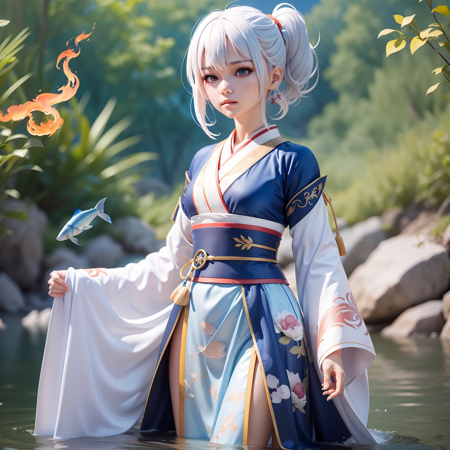1 girl, dressed in hanfu robes, wearing a sword(blue flame), standing on the water(clear river full of fish), white hair, ponytail, short hair, white hair, UHD, anatomically correct, super detail, 8k, masterpiece, UHD, 8k, super detail, textured skin, award winning, best quality