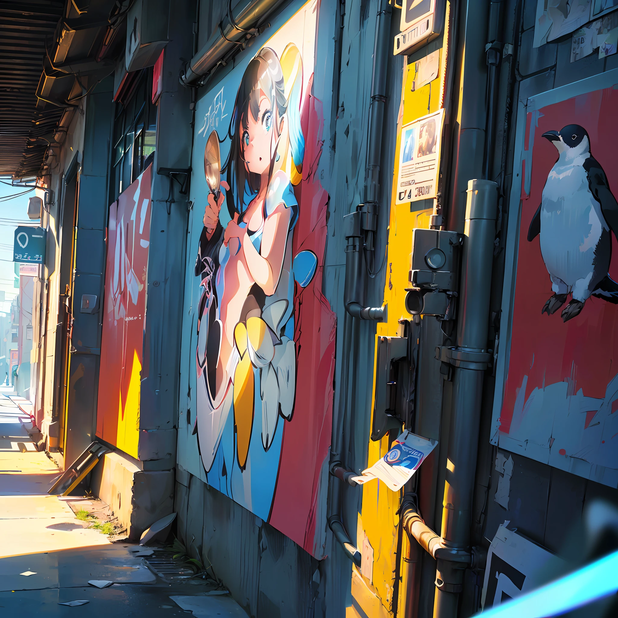 Street Art Graffiti, Painted on this wall (pop art of penguins illustration) (masterpiece, best quality, ultra detailed, HDR, high-resolution, 4k, extremely detailed CG, realistic, RAW photo, photorealistic, ultra quality, sharp & smooth, best{shading & lighting}:1.33),(distortion, Beautiful luminescence and transparency:1.25),