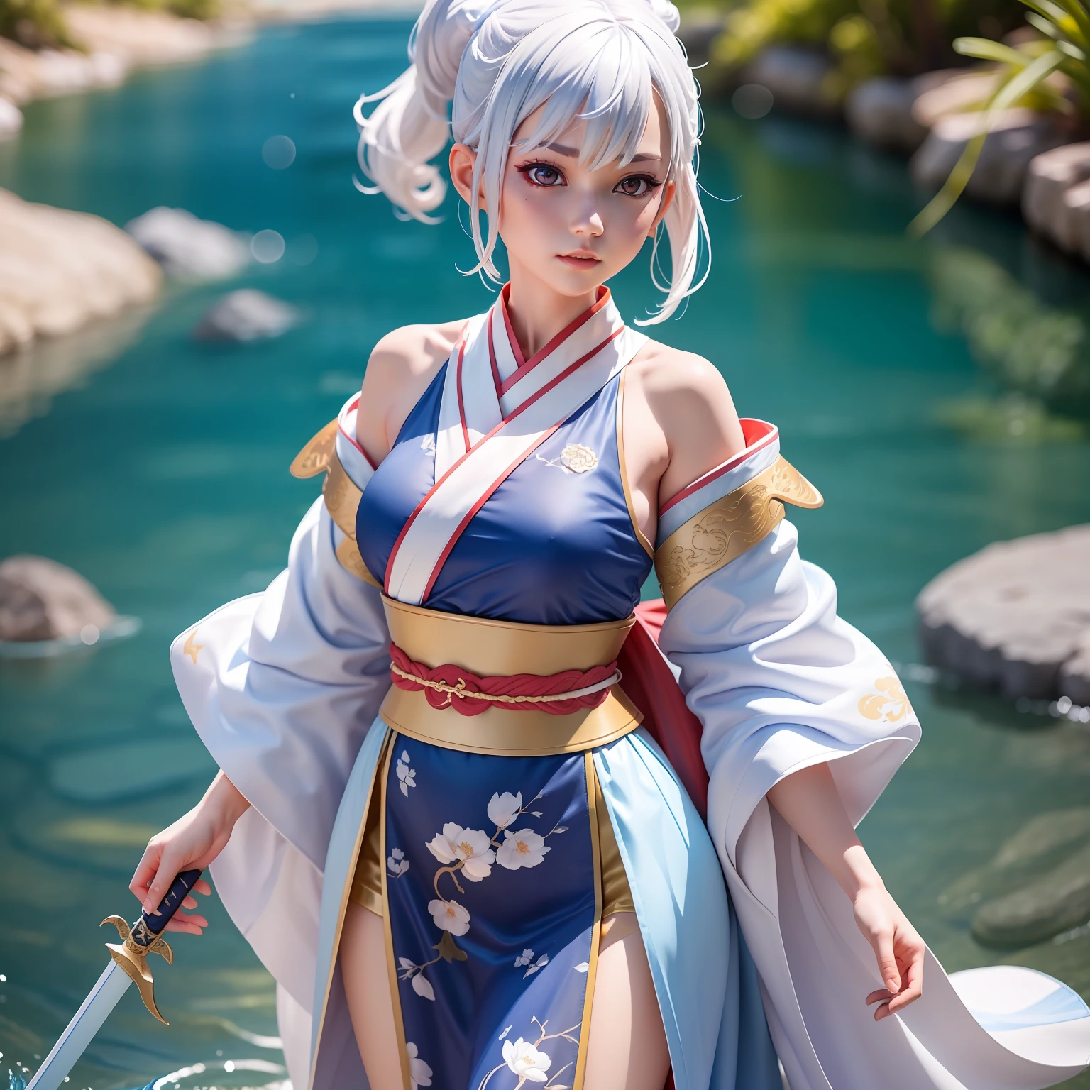 1 girl, dressed in hanfu robes, wearing a sword(blue flame), standing on the water(clear river full of fish), white hair, ponytail, short hair, white hair, UHD, anatomically correct, super detail, 8k, masterpiece, UHD, 8k, super detail, textured skin, award winning, best quality
