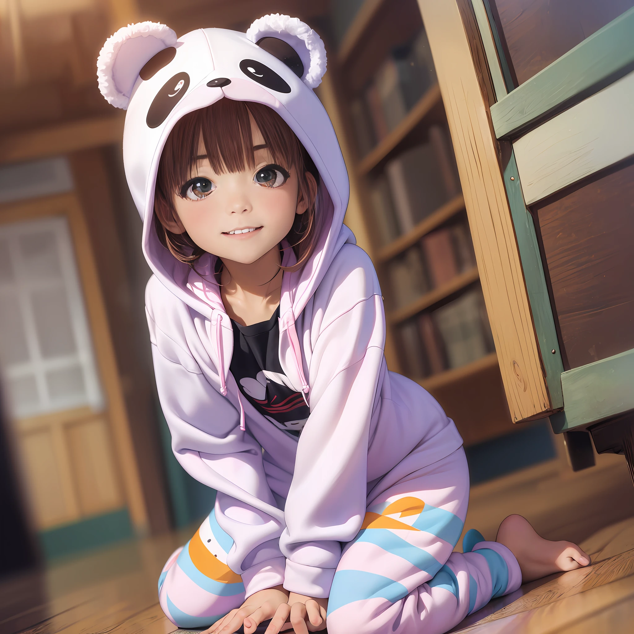 (Best Quality), (masutepiece:1.3), (Realistic), (Photorealistic:1.36), Ultra-detailed, From below, Cute little girl in panda Hoodie pyjamas, Indoor(flat chest), What a sense of luck、 Cute smile, Dynamic Angle, Kneeling,, Hands on the floor in front of you,