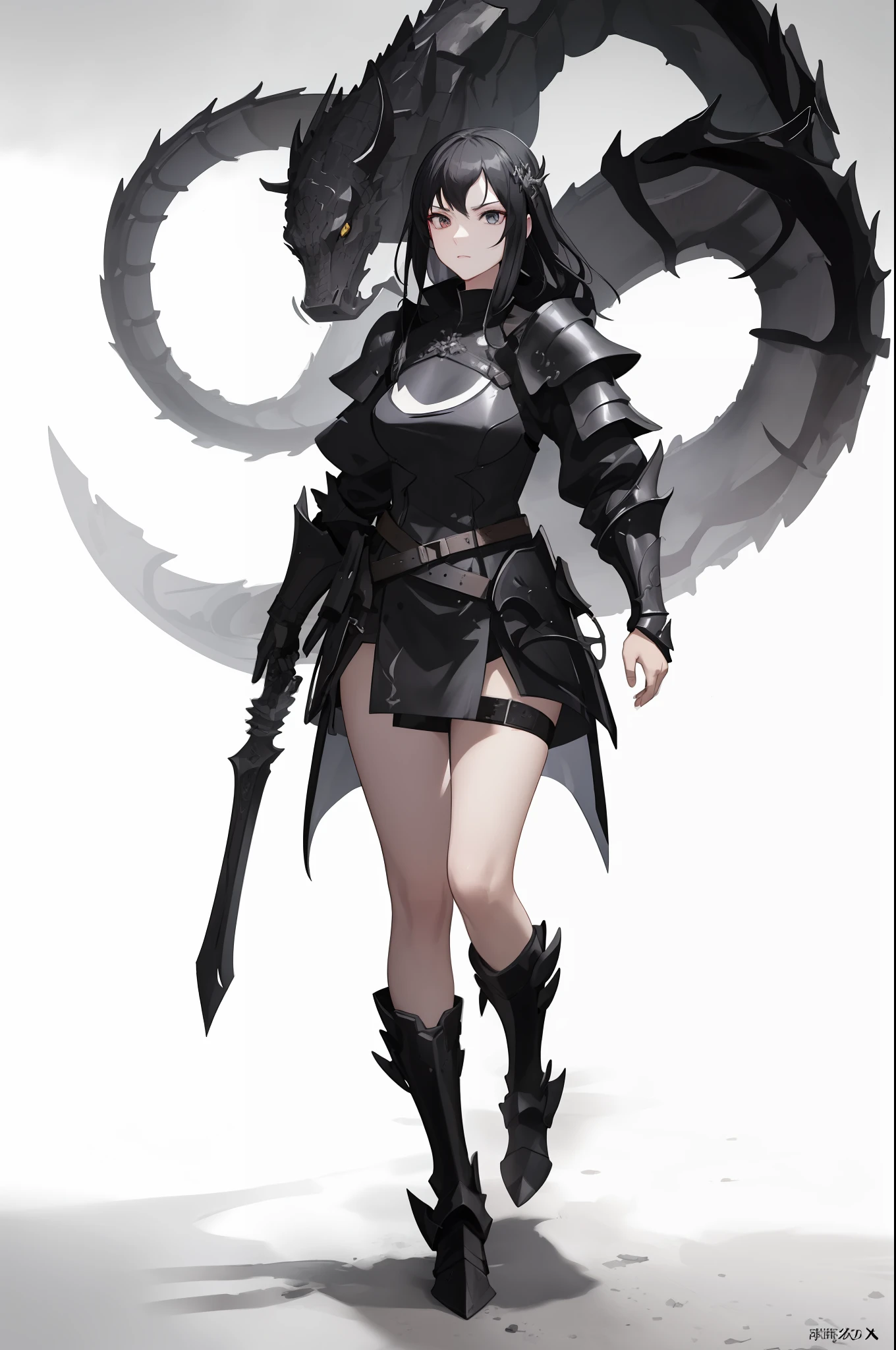 A woman dressed in black holds a sword and a dragon, Armor Girl, pale black armor, Black armor, by Yang J, Black armor, Dark Armor, Guweiz on ArtStation Pixiv, Black shiny armor, sharp black armor, Guweiz in Pixiv ArtStation, epic exquisite character art, wearing techwear and armor, Female knight