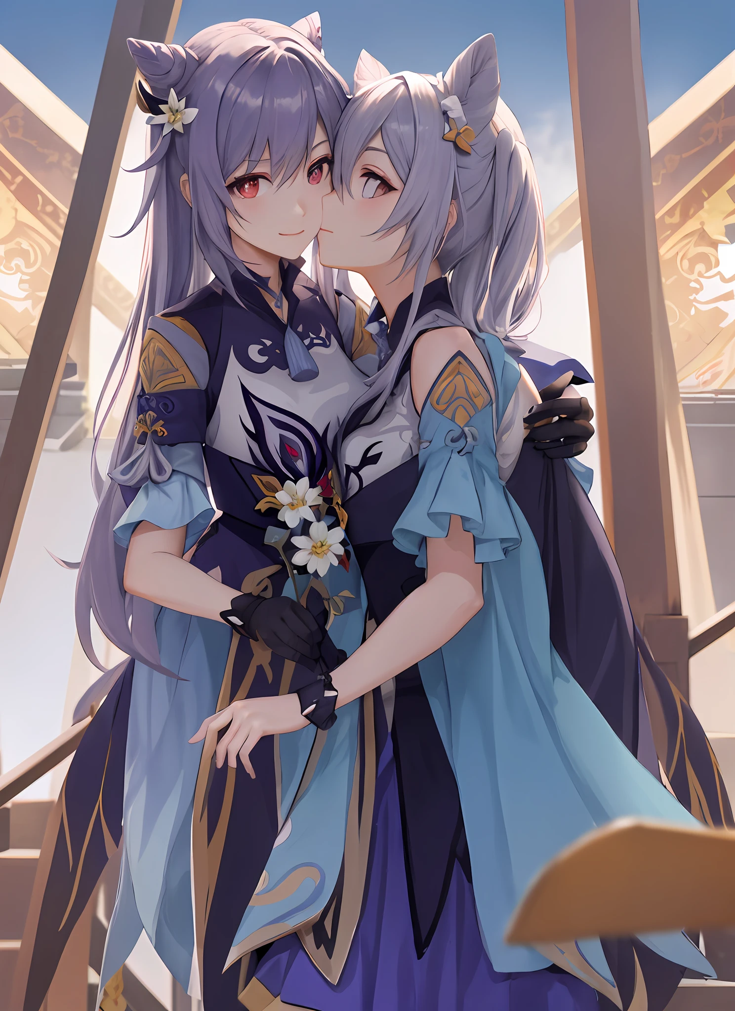 keqingdef,The upper part of the body,ssmile,Be red in the face,exteriors,In the daytime,simplebackground,blue-sky,short detailed hair,Skysky,Frontal kissing,looking at viewert,stairways,mont,moody light,face to the viewer,high qulity