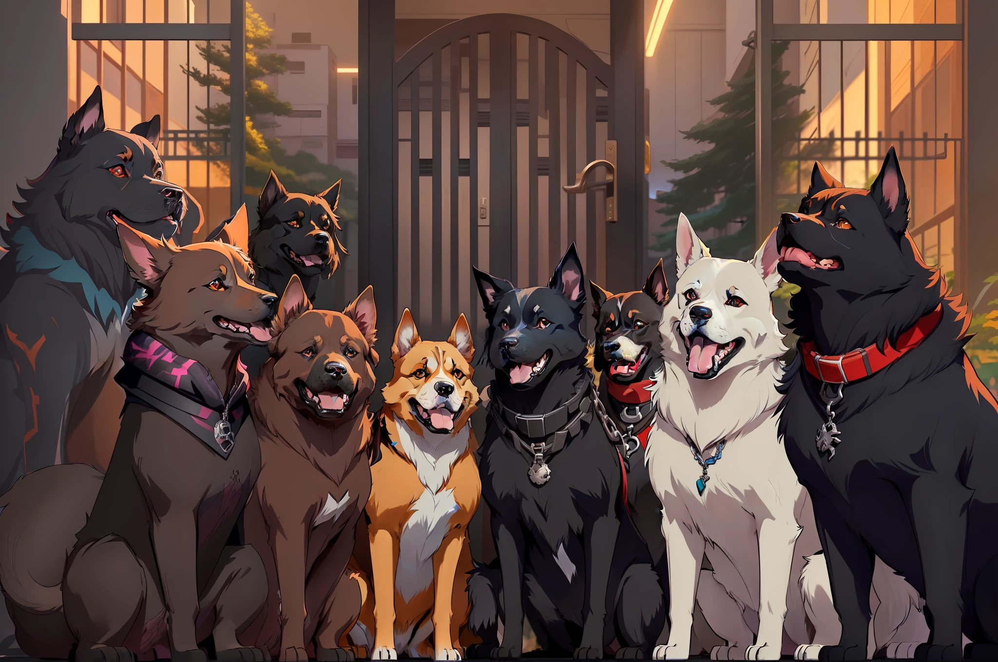 There were a lot of dogs sitting in front of the door, Kawasi, From cryptid academia, by Yang J, Guviz, Guviz-style artwork, screenshot from the anime film, Anime background art, zerochan art, trending on artstation pixiv, Loish et WLOP, From Arknights, Dogs, anime backgrounds