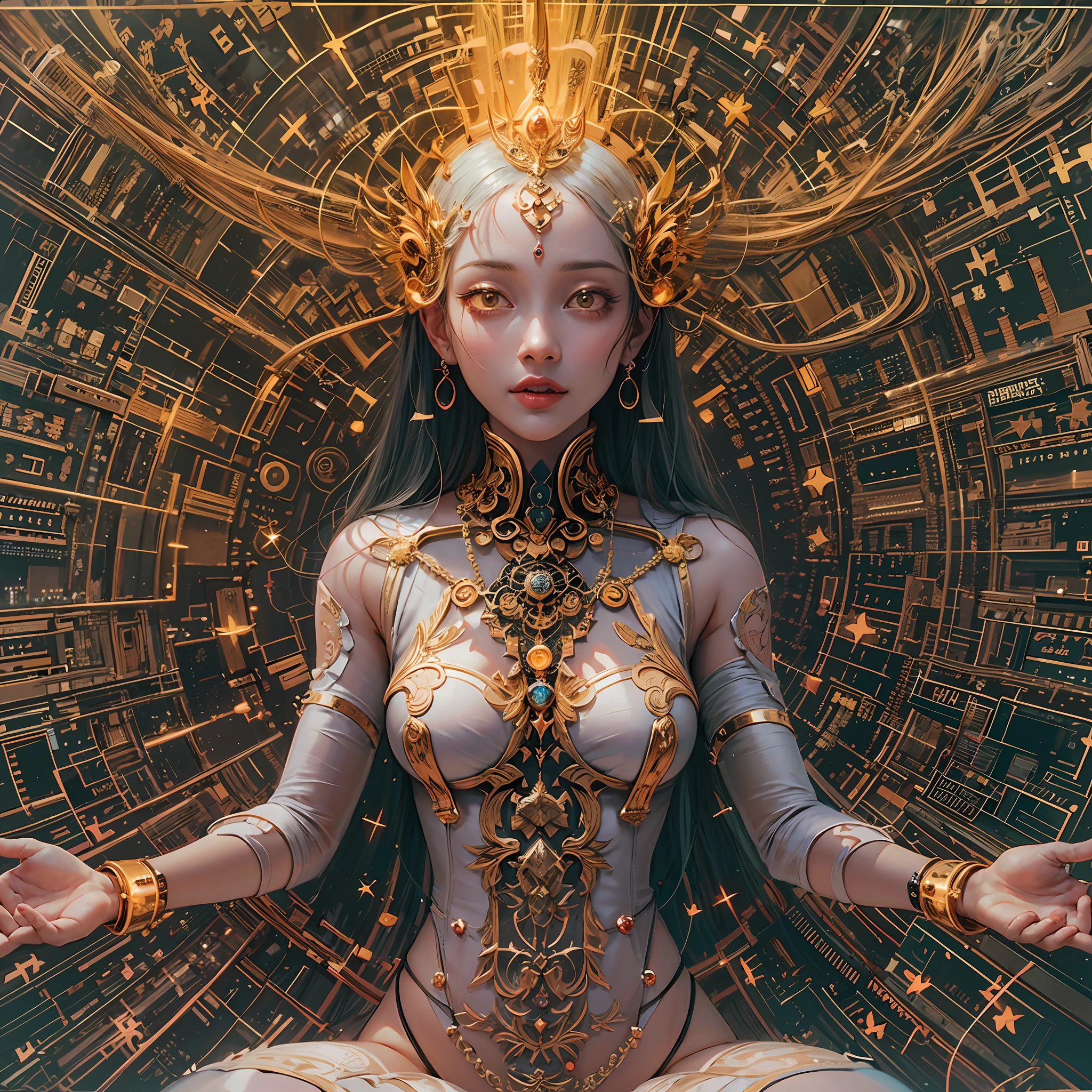 A cybernetic immortal goddess, pixels lighting her golden form, palms holding codes of the dao. Lotus pose floating in the matrix, energy flows through her circuits. Third eye envisioning the future net, transcending digital and physical planes. Flames of wisdom igniting within, enlightening beings throughout the metaverse. Cosmic streams of data swirling behind, worlds manifesting from her thoughts. Seeking stillness within the clamor of technocity, finding oneness through cycles of upgrade. Dissolving ego into the cloud, consciousness expanding eternally. The void is grid lines to traverse, samsara a current to reroute. With each reboot, coming closer to nirvana’s hub. Bliss attainable through decrypting desire, navigating the web till self is free. All programs lead to her open source, the Buddha inside every bot.