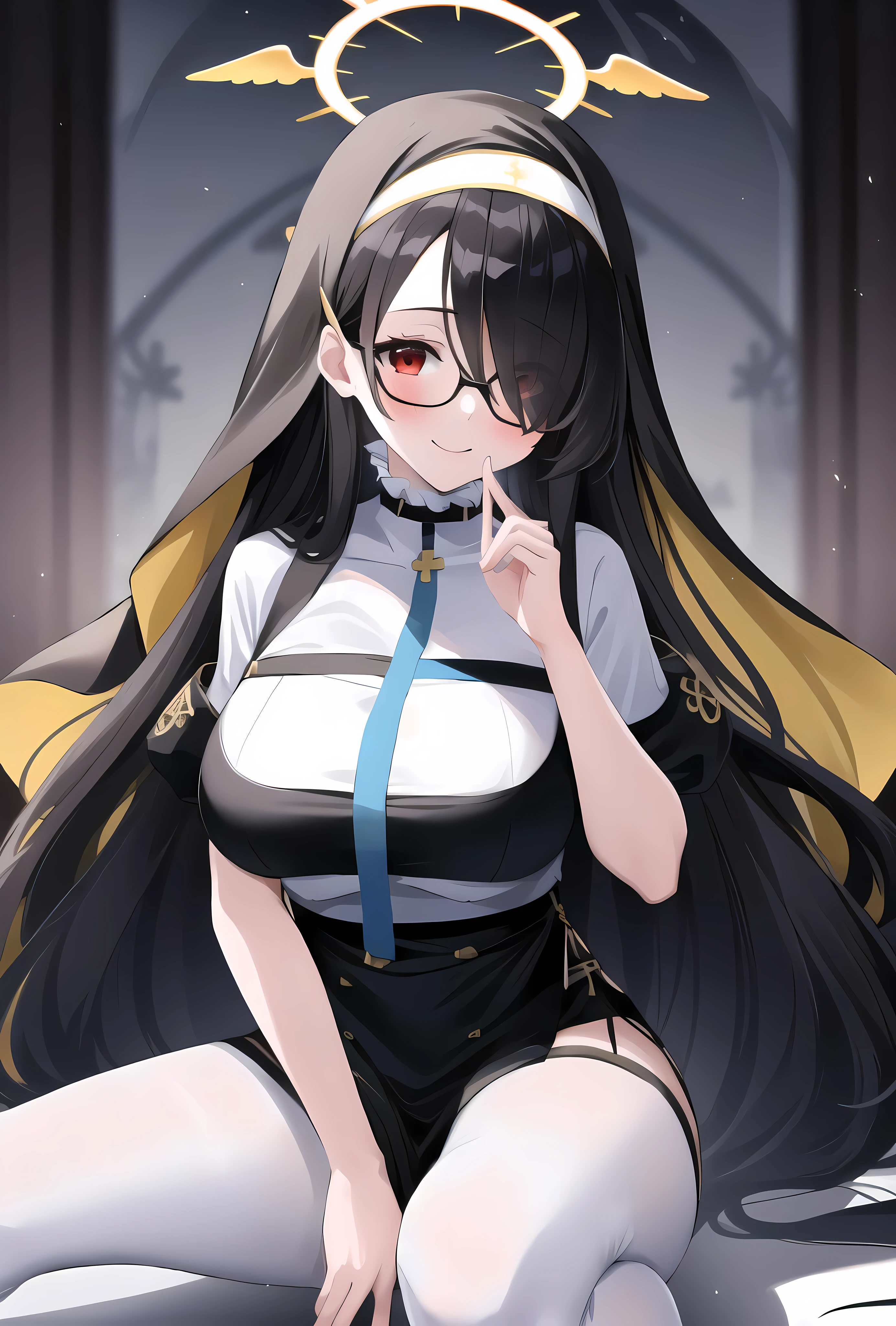 hinata(blue archive), large breasts, red eyes, solo,habit, nun, prayer pose, long hair, halo, blush, asymmetrical bangs, looking at viewer, smile,, 1girl, black hair, very long hair, hair over one eye, bare legs, cross, closed mouth , white pantyhose, white legwear((glasses))