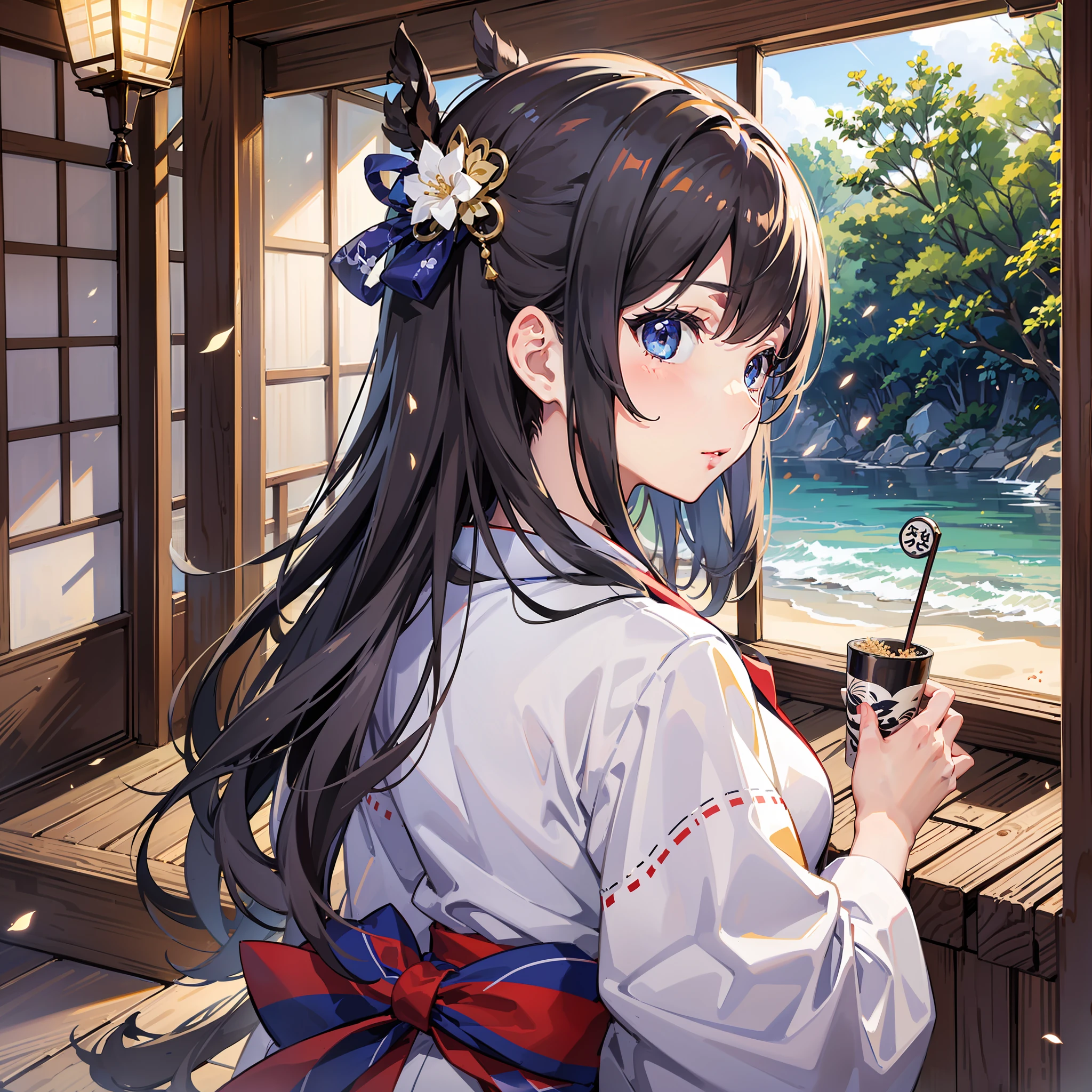 top-quality、masterpiece、ultra-detailliert、8K、realisitic、女の子 1 人、The long-haired、Japanese Yukata、Fireworks Festival、Mare、sand beach、Particles of light、llight rays、wall-paper、