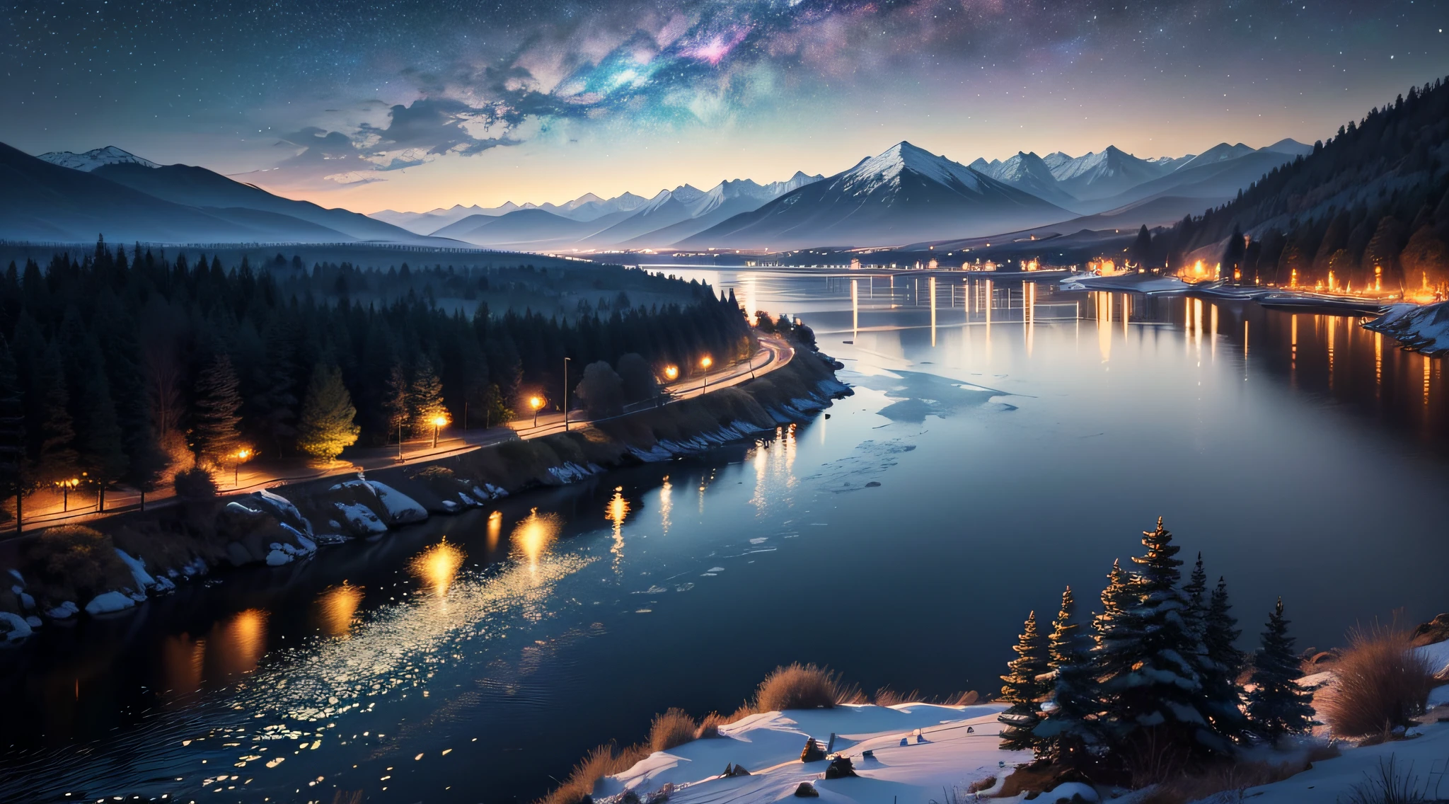 Landscape view，Mountains and rivers in the distance，under the starry night sky，The surface of the water is sparkling --auto