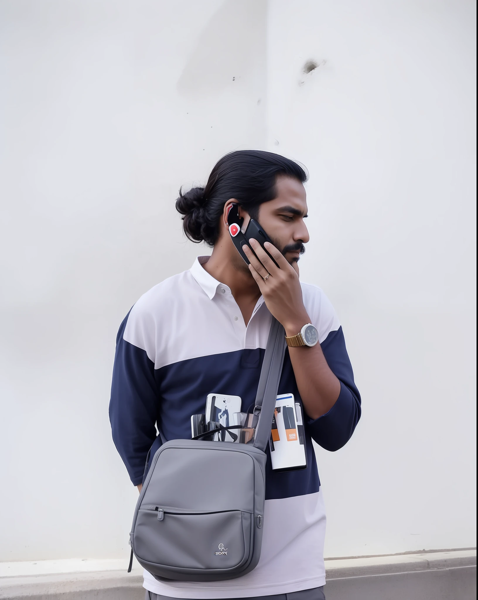 there is a man with a bag on his shoulder talking on the phone, profile pose, inspired by Thota Vaikuntham, shot on sony a 7, profile posing, candid picture, casual pose, casual photography, jayison devadas style, with a cool pose, stylish pose, profile portrait, potrait, thinker pose, street photography style, profile shot