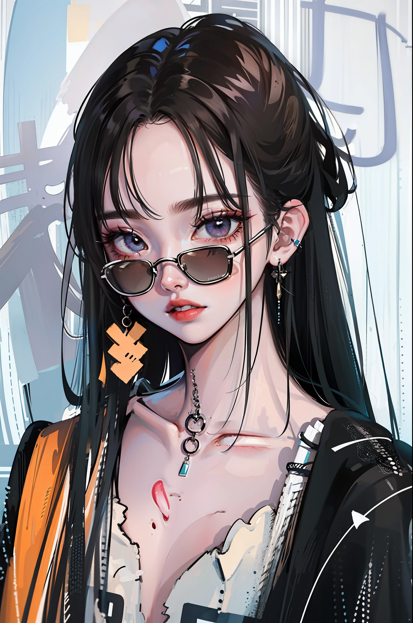 (Portraits:1.4), (masterpiece:1.2, best quality:1.2), from above, upper body,
1girl, Look up, face focus, extremely detailed face, extremely detailed eyes, good-looking, make up, finger on lips, sunglasses, fashion wear, earrings,