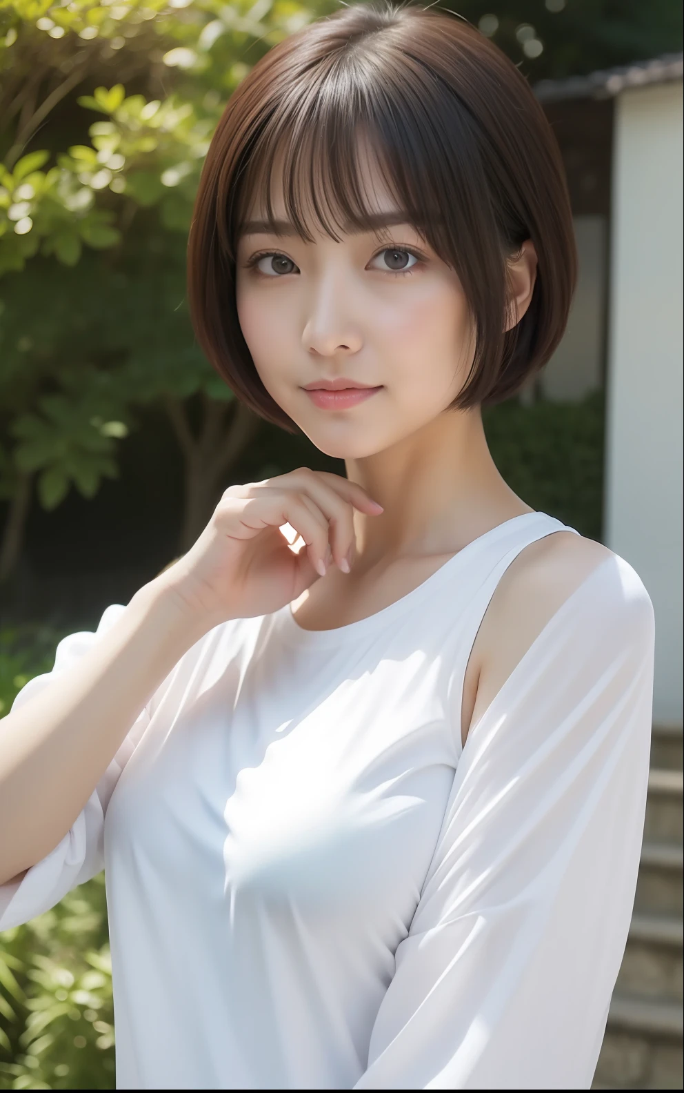 Cute Japan woman in short cut、(top-quality、hight resolution、masterpiece:1.3)、full bodyesbian、slim figure、breastsout、Pendants、tshirts、white short pants、outside of house、amazing view、Flower garden on distant background、Details exquisitely rendered in the face and skin texture、A detailed eye、二重まぶた