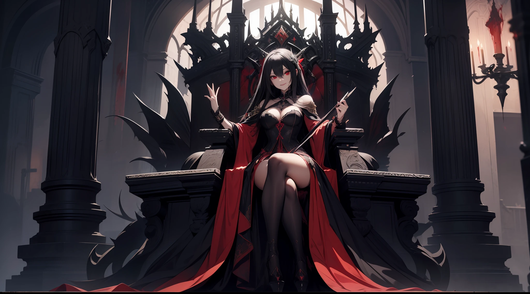 masterpiece, highly detailed, high quality, delicate black throne, 1girl, evil and beautiful, playful, smile, red eyes, (blood), dynamic angle, lying on throne, mystical, fanatic, intricate, surreal, delicate, wearing armored gothic dress,cinematic lighting