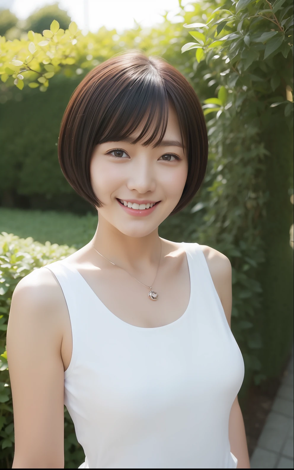 Cute Japan woman in short cut、(top-quality、hight resolution、​masterpiece:1.3)、full bodyesbian、slim figure、breastsout、Pendants、tshirts、white short pants、outside of house、amazing view、Flower garden on distant background、Details exquisitely rendered in the face and skin texture、A detailed eye、二重まぶた