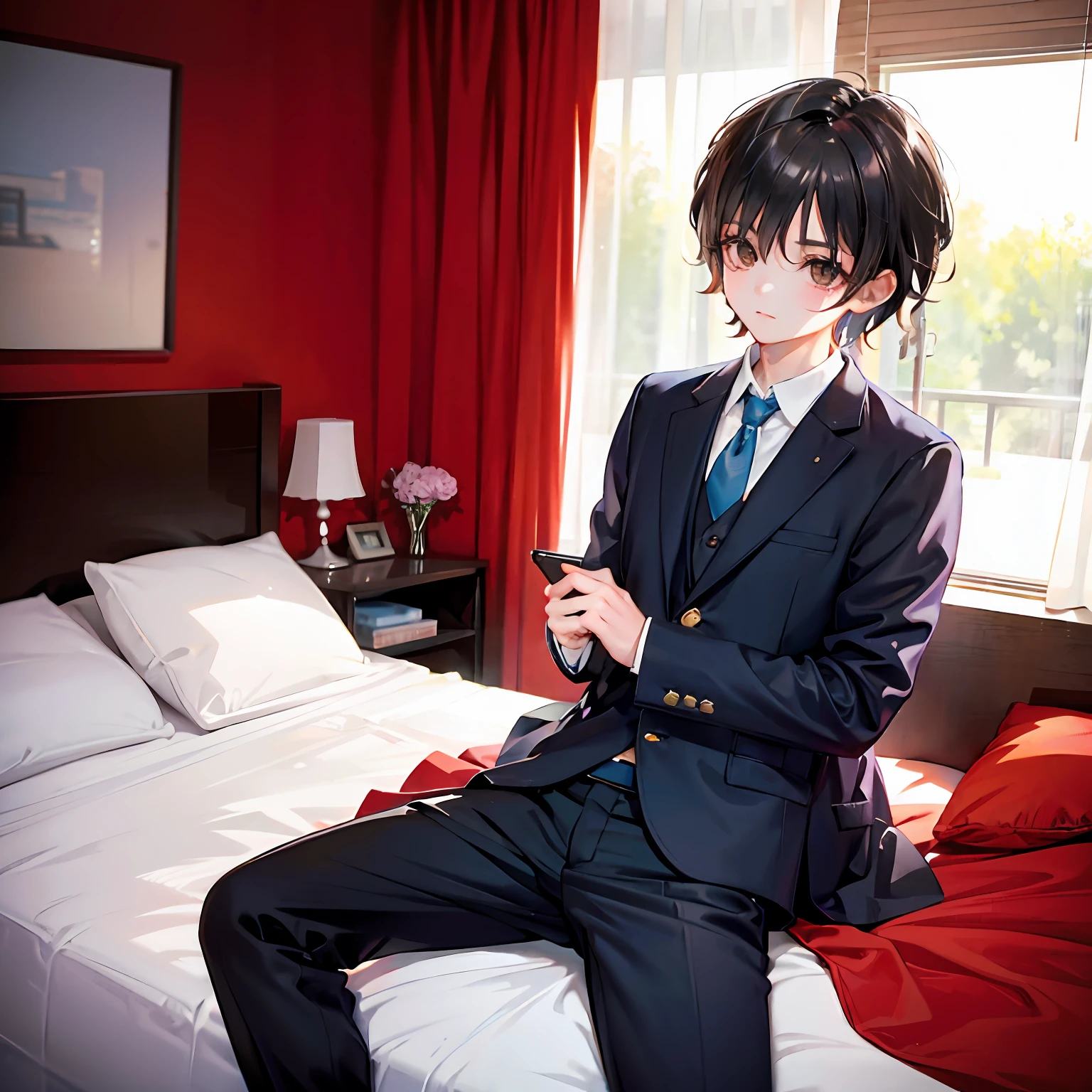 A boy,50yearsold,Three and seven points of short black hair,Brown eyes,Sleeping in the bedroom in a suit、