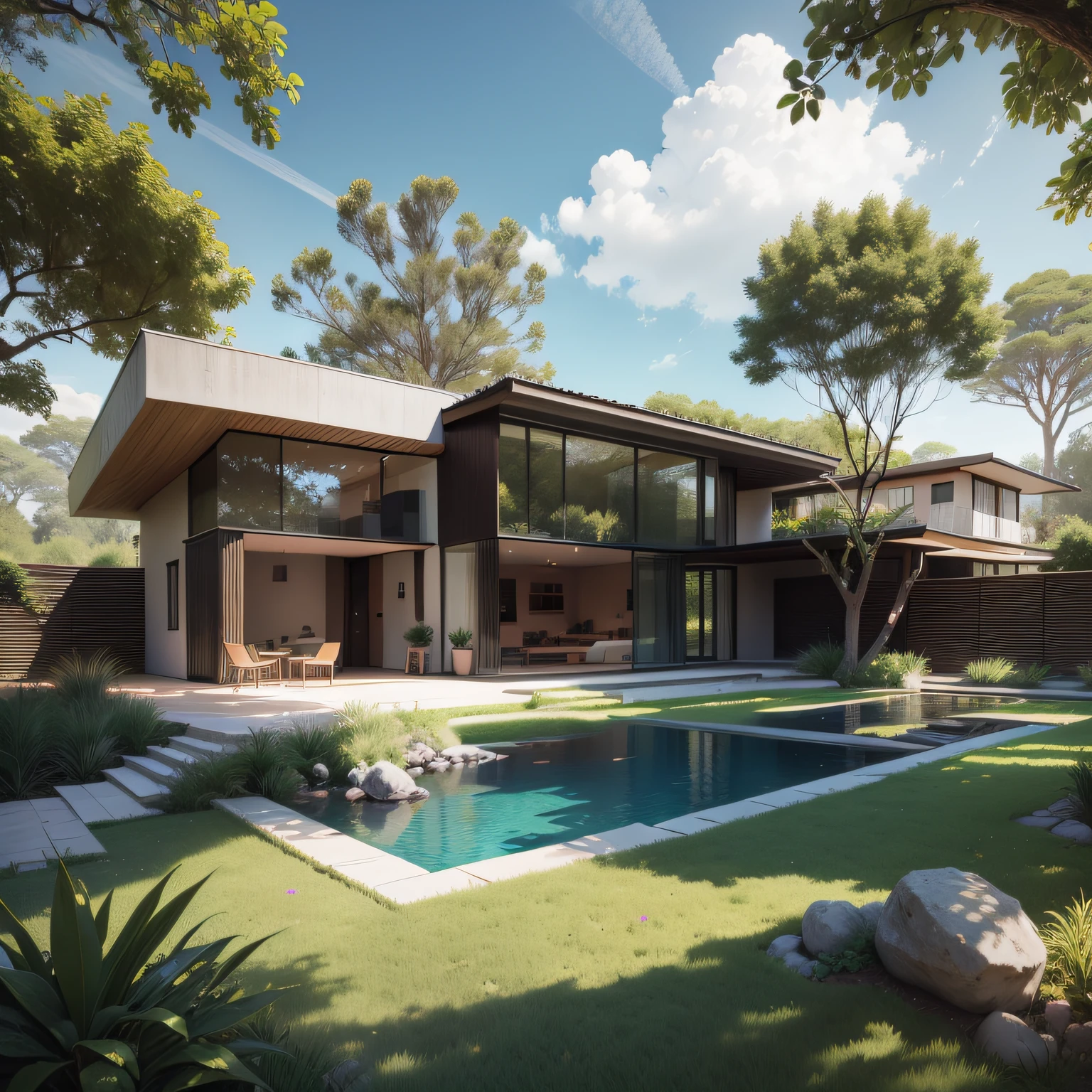Organic modern architecture on a plot without walls and fences, Terreno bastante grande, terreno com cavalos, paisagem liver, pradaria com arvores , There is a swimming pool in the middle of a large one-story house, cor da casa em vigas marrom chocolate e preto, large modern residence, telhados planos e jardim, render luxcore, renderizar oktane, a photorealistic rendering, architectural render, mantra rendering, architectural render, realism rendering, architectural visualisation, piscina de bem-estar, architectural visualisation, Large green areas, com pequenas zonas de flores de lavanda, arbustos verdes tipo exuberante jardim verde, as well as small water mirrors, swimming pool embedded in an area of sand, oliveiras e pinheiros ao redor da casa, 8k ultra-realista, muito detalhe