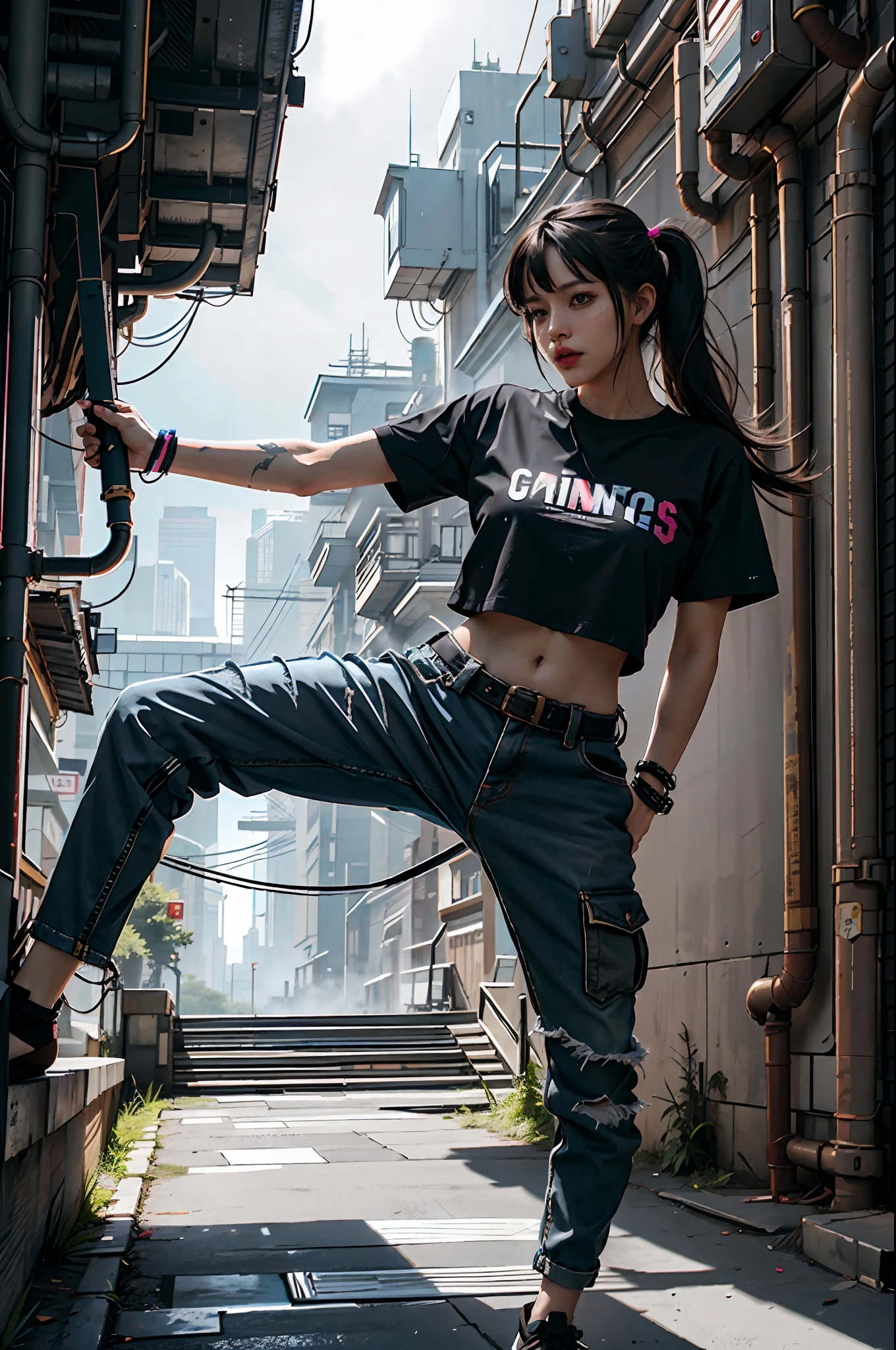 , a girl
, city background
, dynamic pose
, Full Length Shot(FLS)
, neon
, Black hair
, Balck eyes
, black round neck plain Tee-shirt
, CyberpunkAI