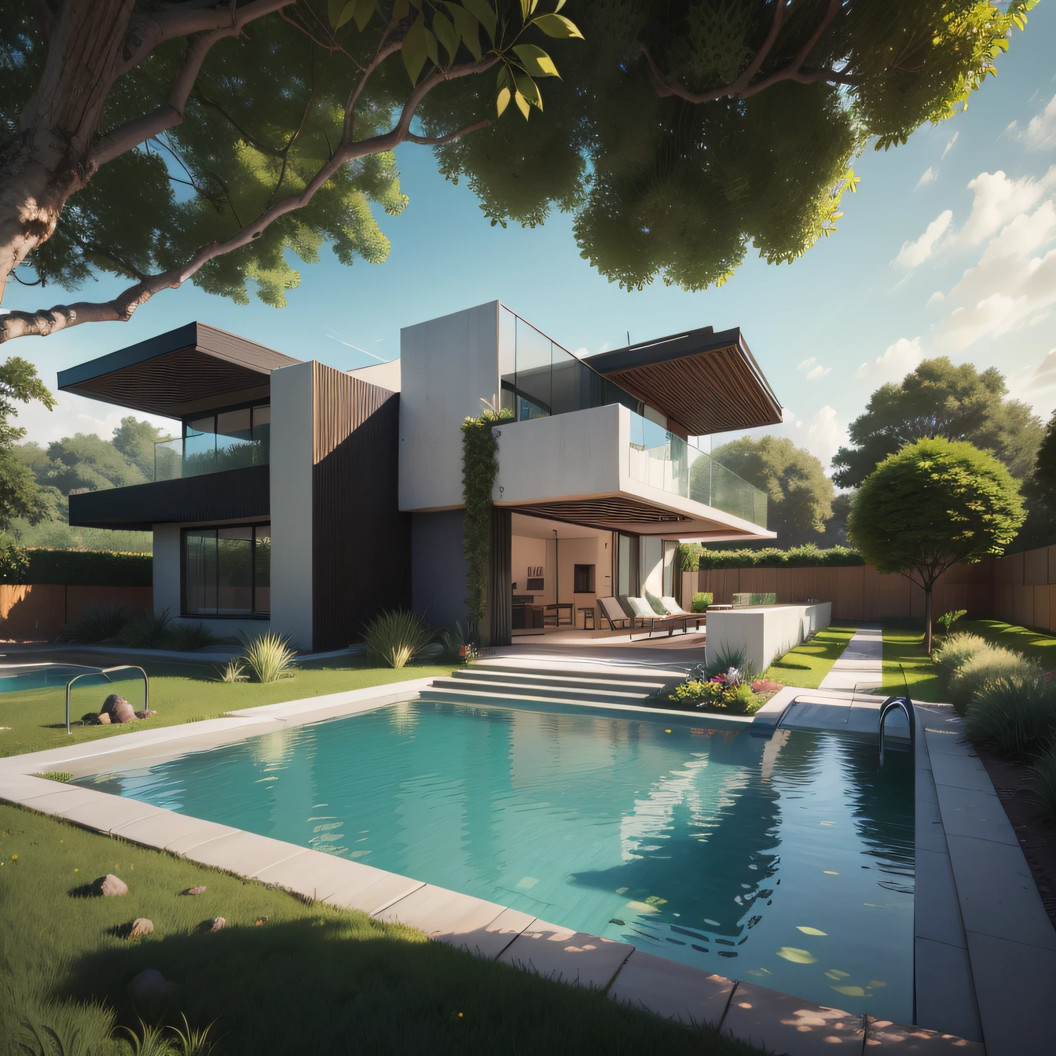 Organic modern architecture on a plot without walls and fences, Terreno bastante grande, terreno com cavalos, paisagem liver, pradaria com arvores , There is a swimming pool in the middle of a large one-story house, cor da casa em vigas marrom chocolate e preto, large modern residence, telhados planos e jardim, render luxcore, renderizar oktane, a photorealistic rendering, architectural render, mantra rendering, architectural render, realism rendering, architectural visualisation, piscina de bem-estar, architectural visualisation, Large green areas, com pequenas zonas de flores de lavanda, arbustos verdes tipo exuberante jardim verde, as well as small water mirrors, swimming pool embedded in an area of sand, oliveiras e pinheiros ao redor da casa, 8k ultra-realista, muito detalhe
