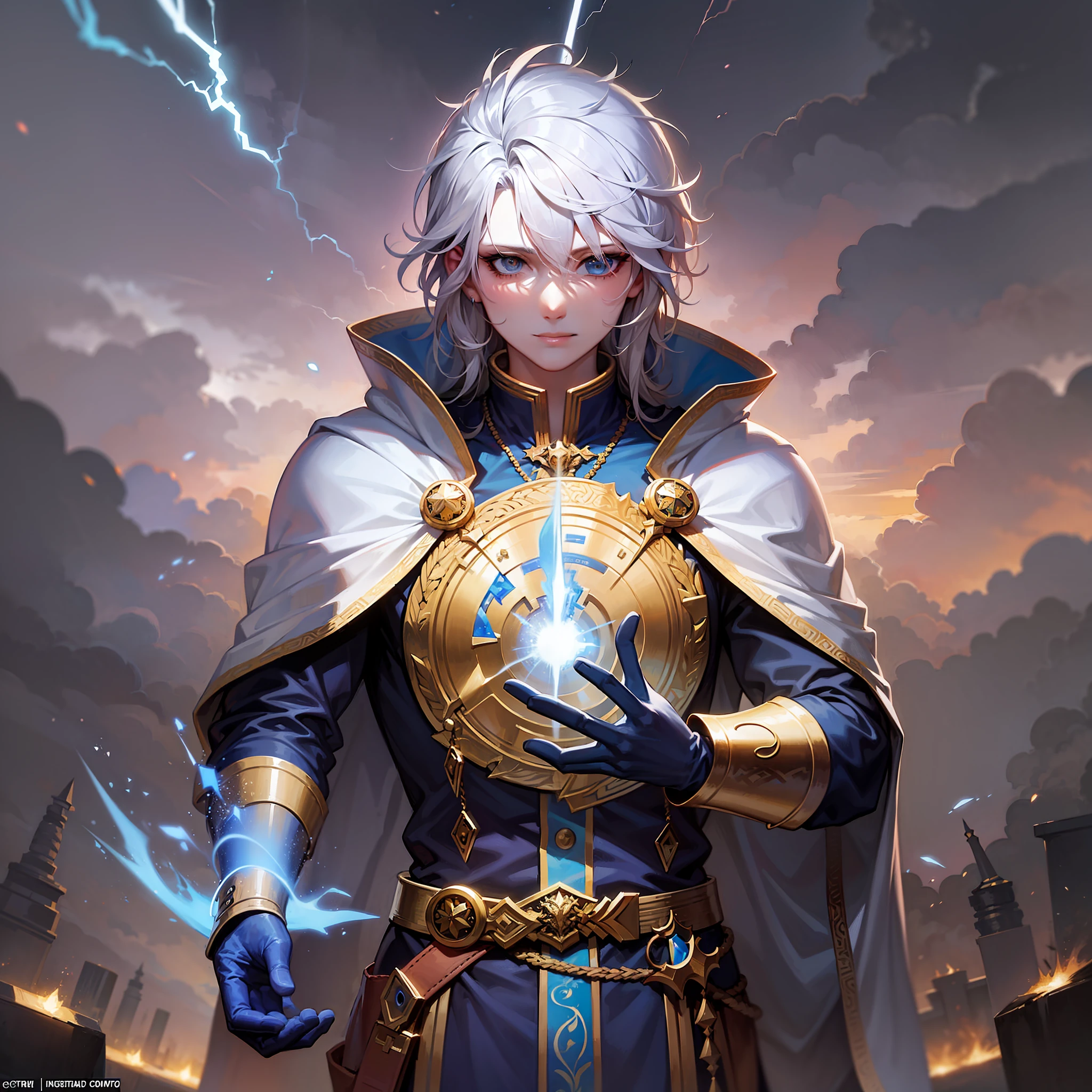 White-beaked mask,Blue-gold trimmed magic robe,A blue magic array gathered in his hand,Blue particles float around,Dark clouds hang over the background,Several bolts of lightning fell from the clouds