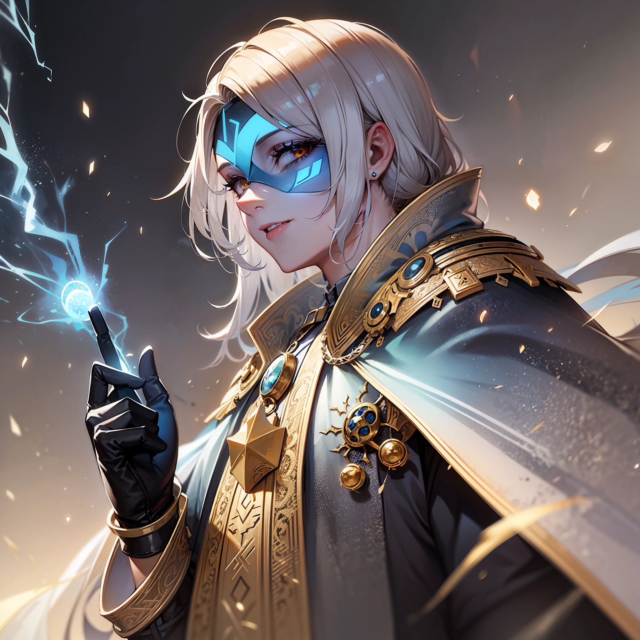 White-beaked mask,Blue-gold trimmed magic robe,A blue magic array gathered in his hand,Blue particles float around,Dark clouds hang over the background,Several bolts of lightning fell from the clouds