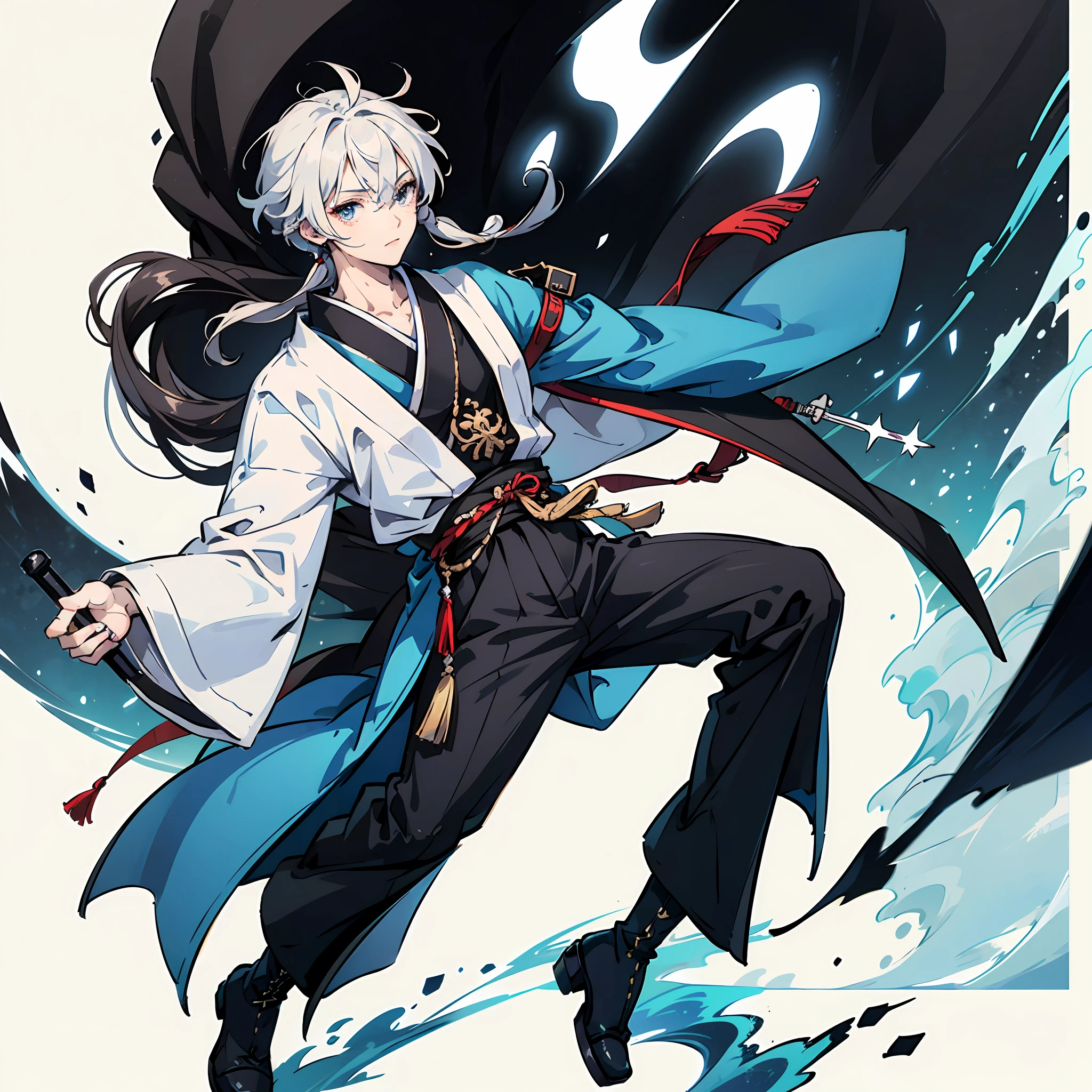 The male,shoun,Black clothes with white rune decorations,blue surcoat,Black 7-point pants have two white stripes,boots,Hair is medium long,Japanese manga style,4k --auto