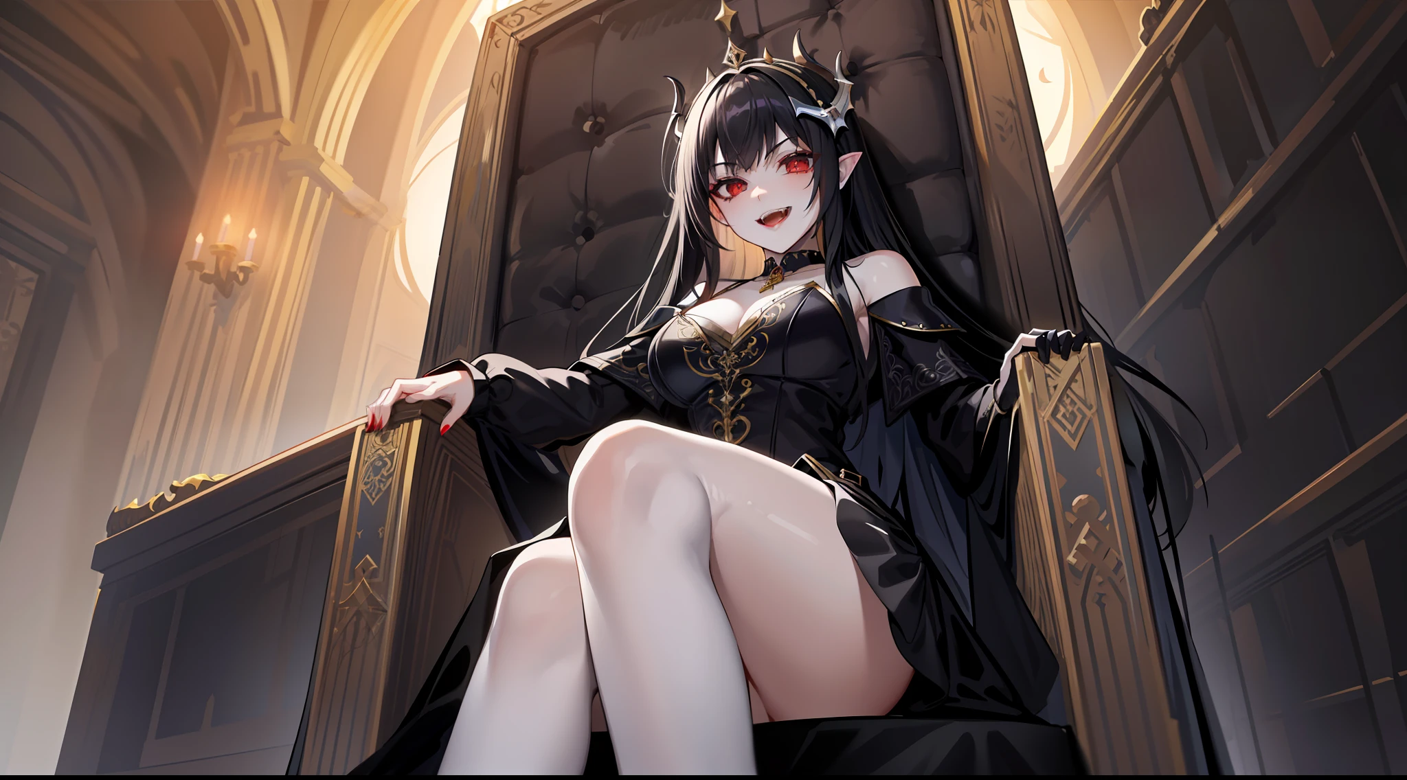 (masterpiece, best quality, detailed background, perfect anatomy, intricate details),girl, solo, black hair, pale skin, vampire, fangs, evil smile, black dress, throne of bones, ornate throneroom, blood on mouth,from below, throne,