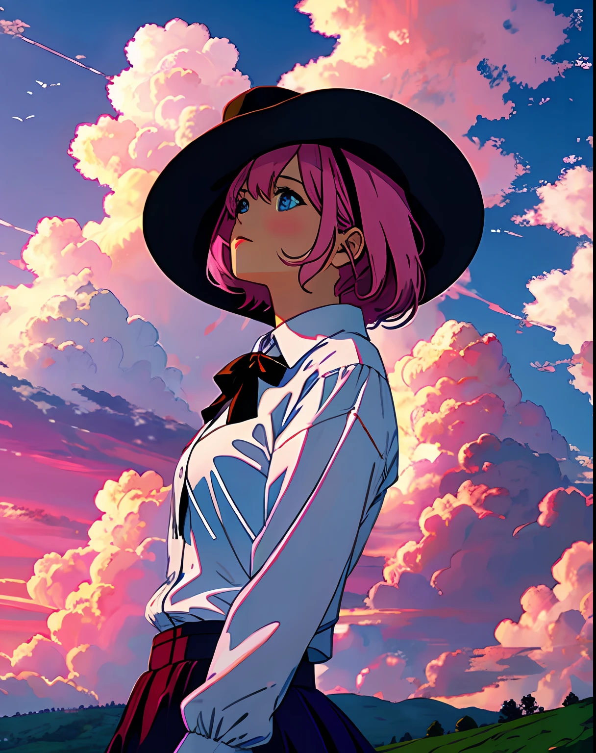 girl, pink clouds, landscape