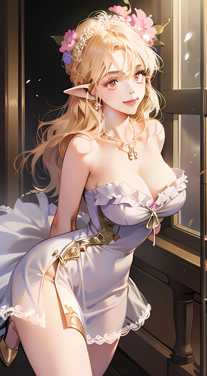 best quality,Amazing,masterpiece,delicate,ultra high res,ultra detailed,intricate detail,beautiful detailed,8k resolution,professional lighting,Camcorder Effect,(rim lighting),sharp focus,(extremely detailed CG unity 8k wallpaper),elf,female pervert,milf,pink eyes,seductive smile,strapless dress,lace-trimmed dress,sheath dress,necklace,gigantic breasts,covered,chest jewel,bursting breasts,perky breasts,framed breasts,rei no himo,long pointy ears,bare legs,thick thighs,bare shoulders,collarbone,strappy heels,arms behind back,hair ornament,flower on head,looking at viewers