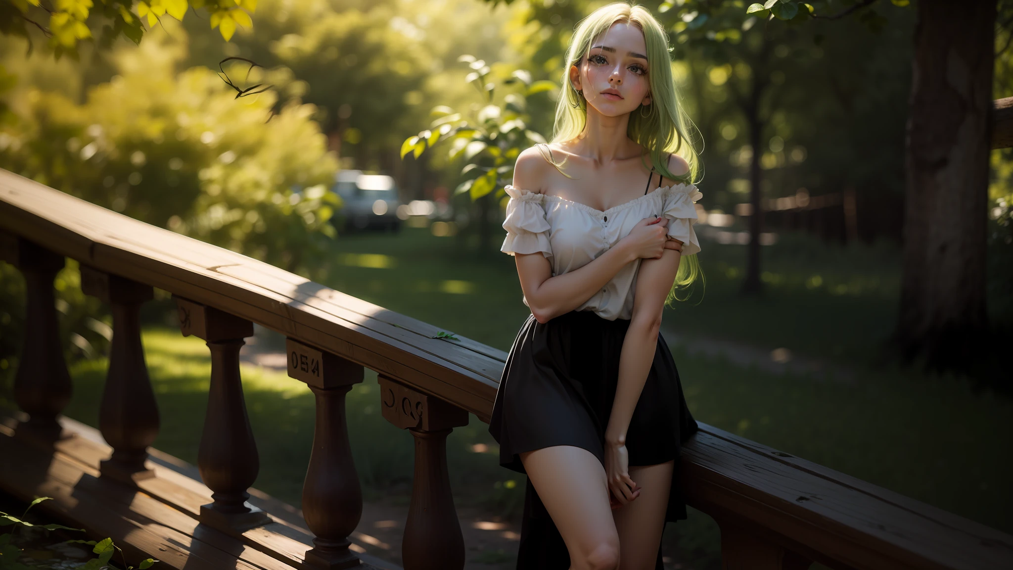 Mulher jovem, loira, Fine features, olhos verdes, saia plissada vermelha, blusa branca, leaning against a handrail, coxas grossas, ambiente externo, arvores ao fundo, luz do dia