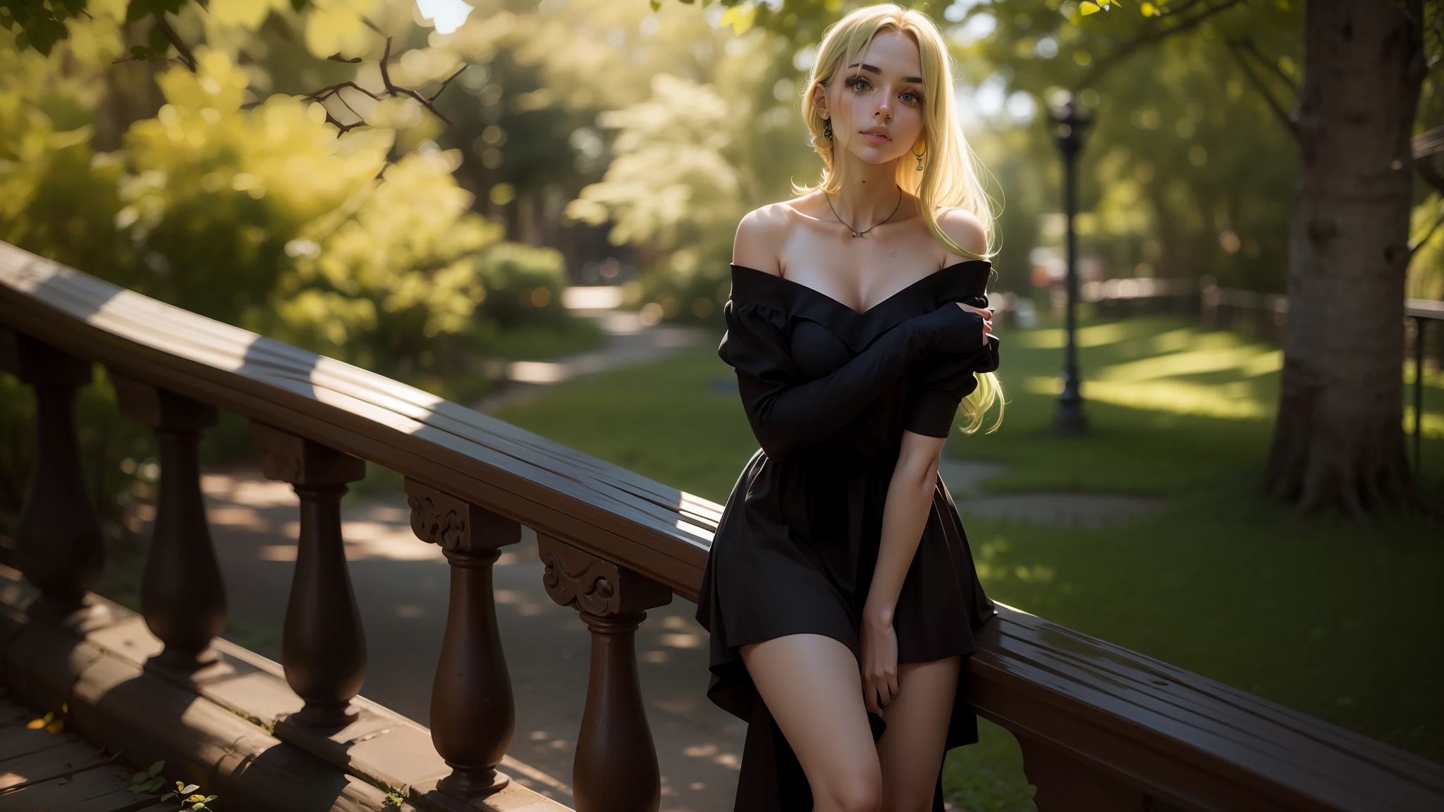 Mulher jovem, loira, Fine features, olhos verdes, saia plissada vermelha, blusa branca, leaning against a handrail, coxas grossas, ambiente externo, arvores ao fundo, luz do dia