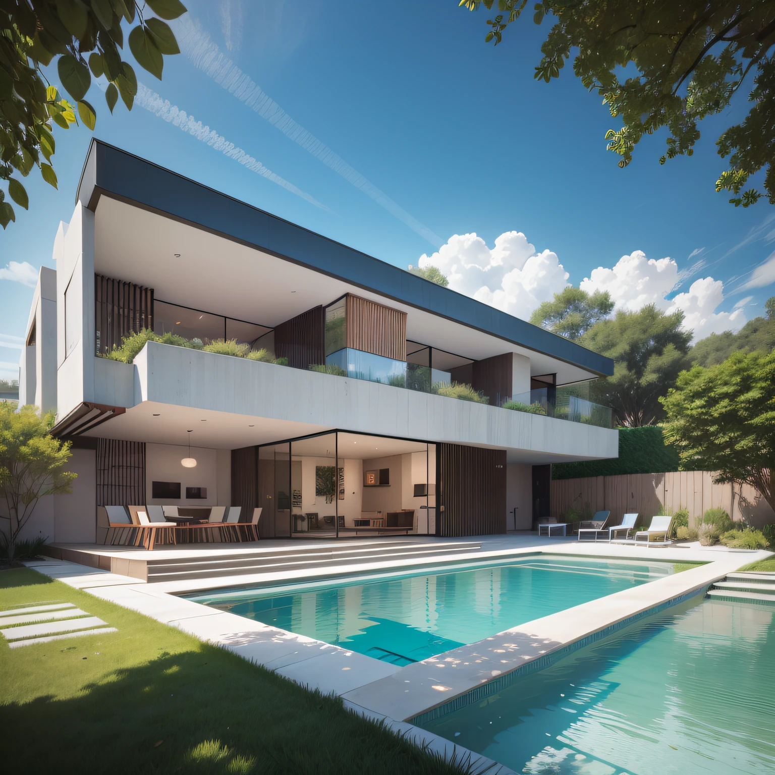 Organic modern architecture on a plot without walls and fences, Terreno bastante grande, terreno com cavalos, paisagem liver, pradaria com arvores , There is a swimming pool in the middle of a large one-story house, cor da casa em vigas marrom chocolate e preto, large modern residence, telhados planos e jardim, render luxcore, renderizar oktane, a photorealistic rendering, architectural render, mantra rendering, architectural render, realism rendering, architectural visualisation, piscina de bem-estar, architectural visualisation, Large green areas, com pequenas zonas de flores de lavanda, arbustos verdes tipo exuberante jardim verde, as well as small water mirrors, swimming pool embedded in an area of sand, oliveiras e pinheiros ao redor da casa, 8k ultra-realista, muito detalhe