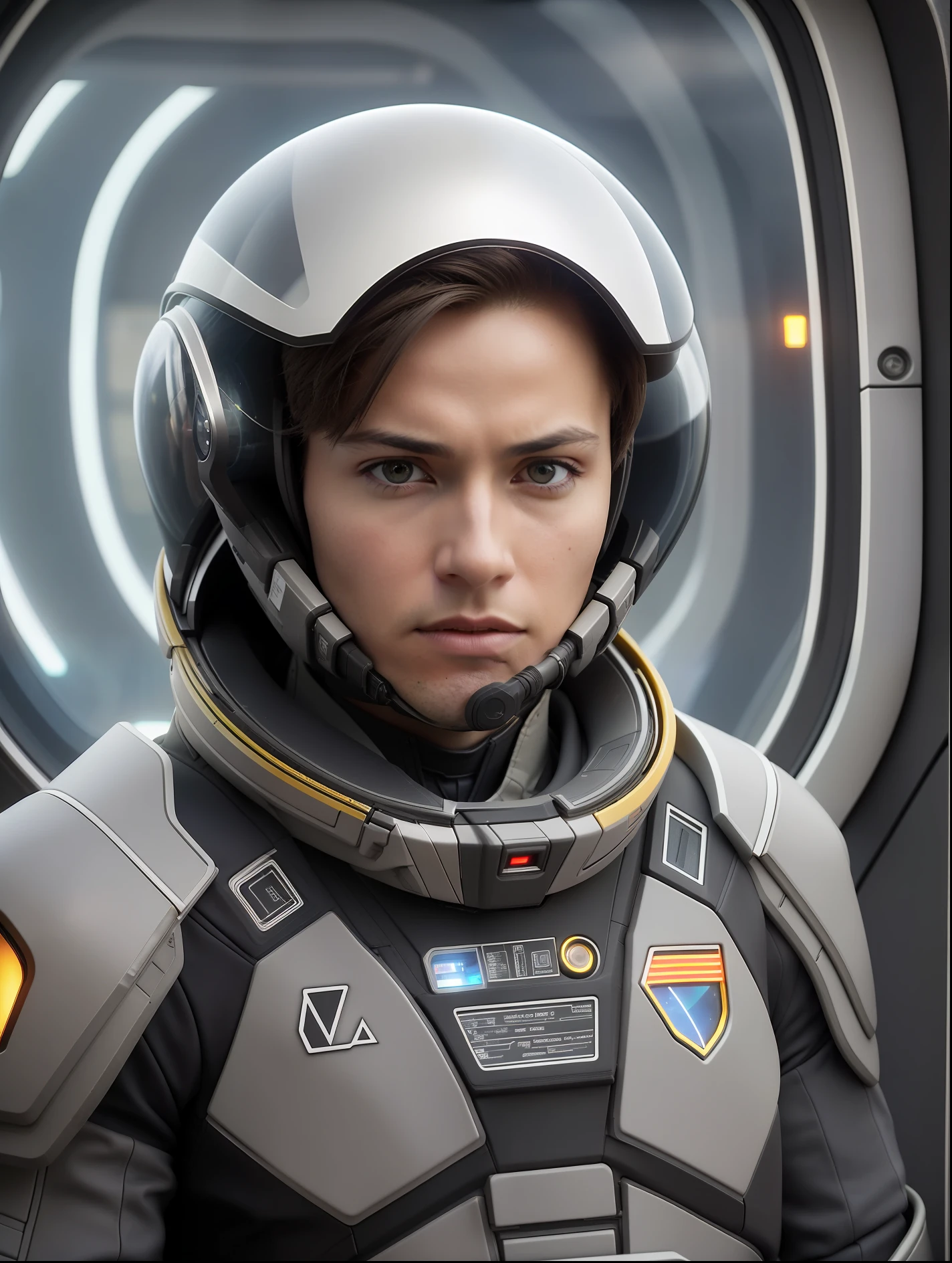 fking_scifi, award-winning photo of a man, black flight suit with yellow accents, brown hair, (gray eyes:1.35), square jawline, asymmetric face, standing in front of a window on a space ship, 80mm, bokeh, mass effect, close up, fking_cinema_v2