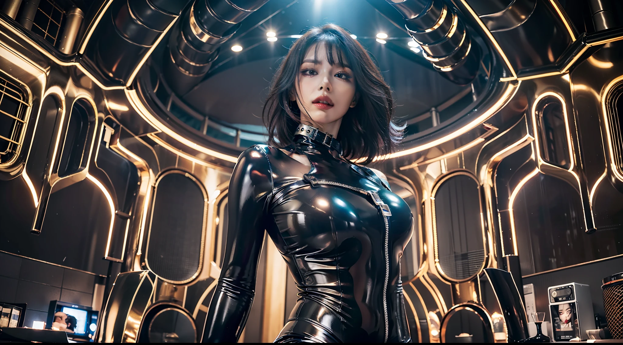 solo, super fine photo, full body photo picture Unreal Engine 5 8K UHD, black color scheme tight and thick latex catsuit, slim body, rubber catsuit, shiny latex catsuit, latex long glove, latex high heels boots, corset, harness, arm and leg cuffs, latex collar, beautiful make up, best quality, masterpiece, unified 8k wallpaper, super detailed, sharp focus, sexy pose,