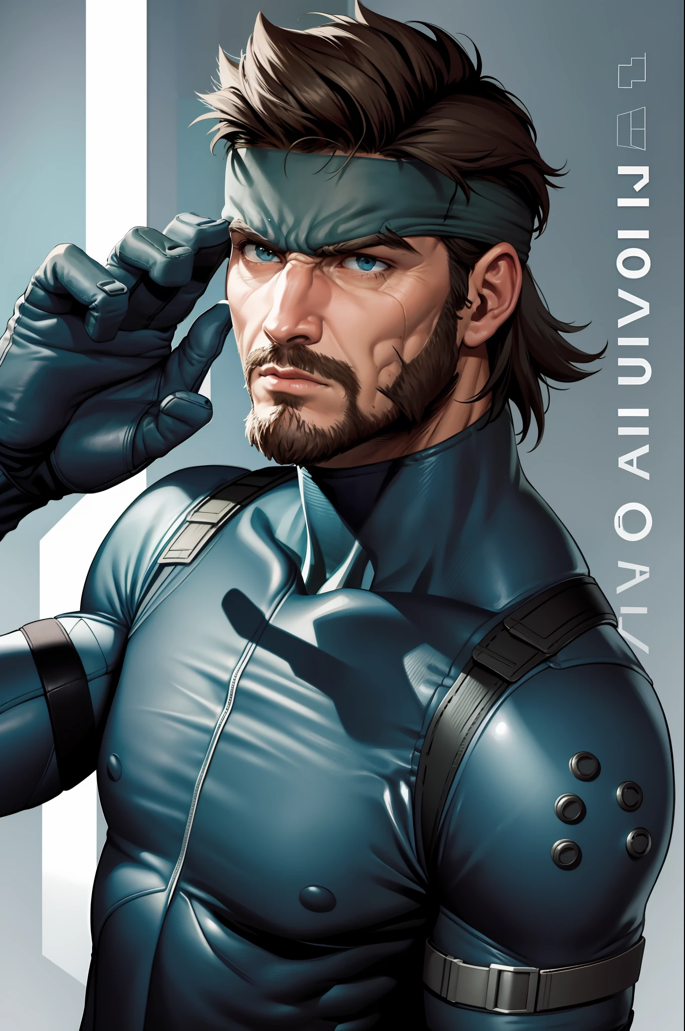 masterpiece, best quality, solid snake, facial hair, blue bodysuit, gloves, headband, upper body, looking at viewer, serious expression on face, salute, snake, drooling,