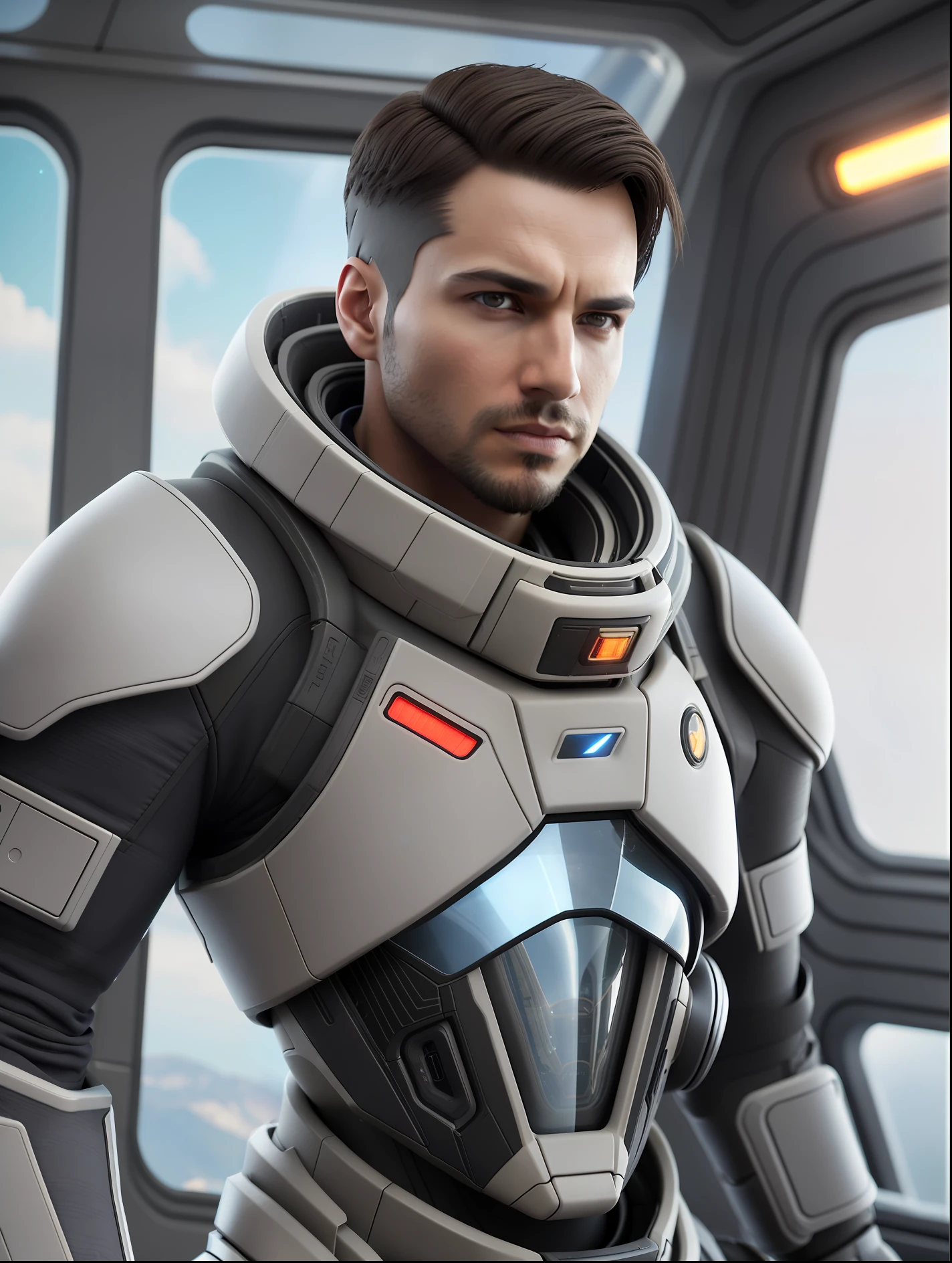 fking_scifi, award-winning photo of a man, black flight suit with yellow accents, brown hair, (gray eyes:1.35), square jawline, asymmetric face, standing in front of a window on a space ship, 80mm, bokeh, mass effect, close up, fking_cinema_v2