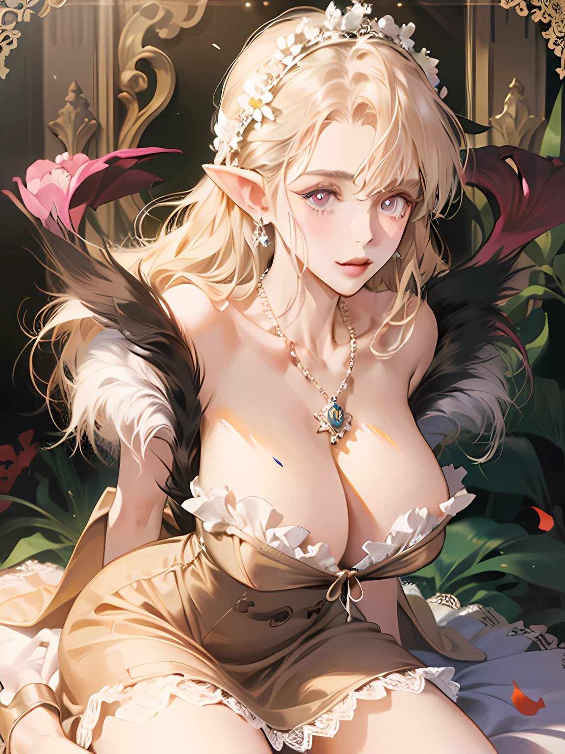 best quality,Amazing,masterpiece,delicate,ultra high res,ultra detailed,intricate detail,beautiful detailed,8k resolution,professional lighting,Camcorder Effect,(rim lighting),sharp focus,(extremely detailed CG unity 8k wallpaper),elf,female pervert,milf,pink eyes,seductive smile,strapless dress,lace-trimmed dress,sheath dress,necklace,gigantic breasts,covered,chest jewel,bursting breasts,perky breasts,framed breasts,rei no himo,long pointy ears,bare legs,thick thighs,bare shoulders,collarbone,strappy heels,arms behind back,hair ornament,flower on head,looking at viewers