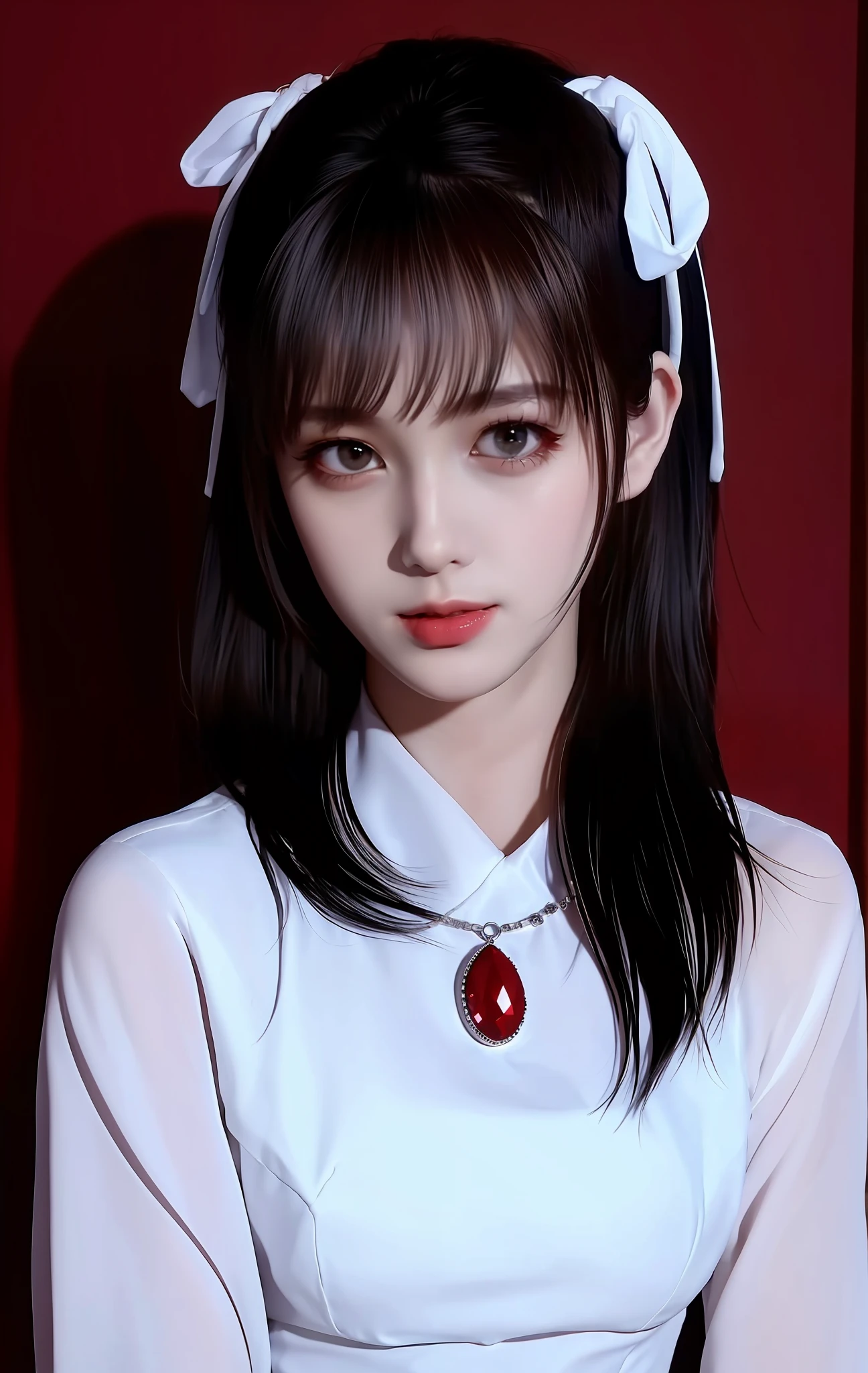 Best Quality, Masterpiece, Vampire, Full Covered Red and Black Cloth, Visible Vampire Teeth, High Resolution, 1girl, Porcelain Dress, Hair Accessories, Necklace, Jewelry, Beautiful Face, Physical, Tyndall Effect, Realistic, Dark Studio, Edge Lighting, Two-tone Lighting, (High Detail Skin: 1.2), 8K UHD, DSLR, Soft Light, High Quality, Volume Lighting, Voy Shot, Photo, High Resolution, 4K, 8K, Background Bokeh