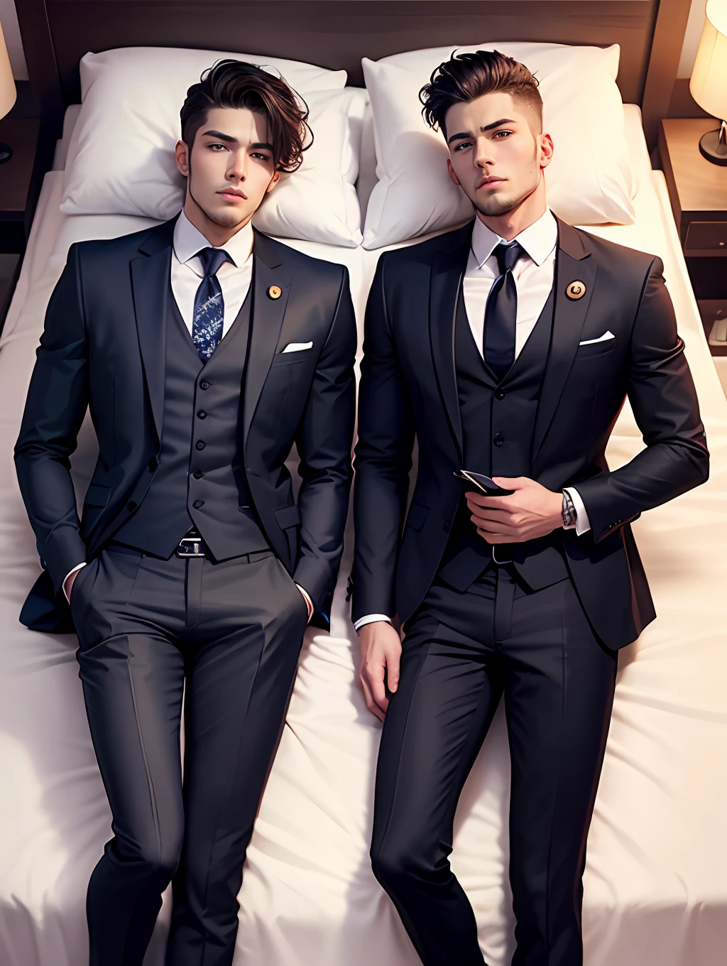 Real Human，Handsome guy in a suit，Both brothers wore tortoiseshell bindings，height is 180 cm，Lying in bed and unable to move，Young and handsome，Slim figure，The older brother wears a striped suit，The younger brother wears a casual suit --auto