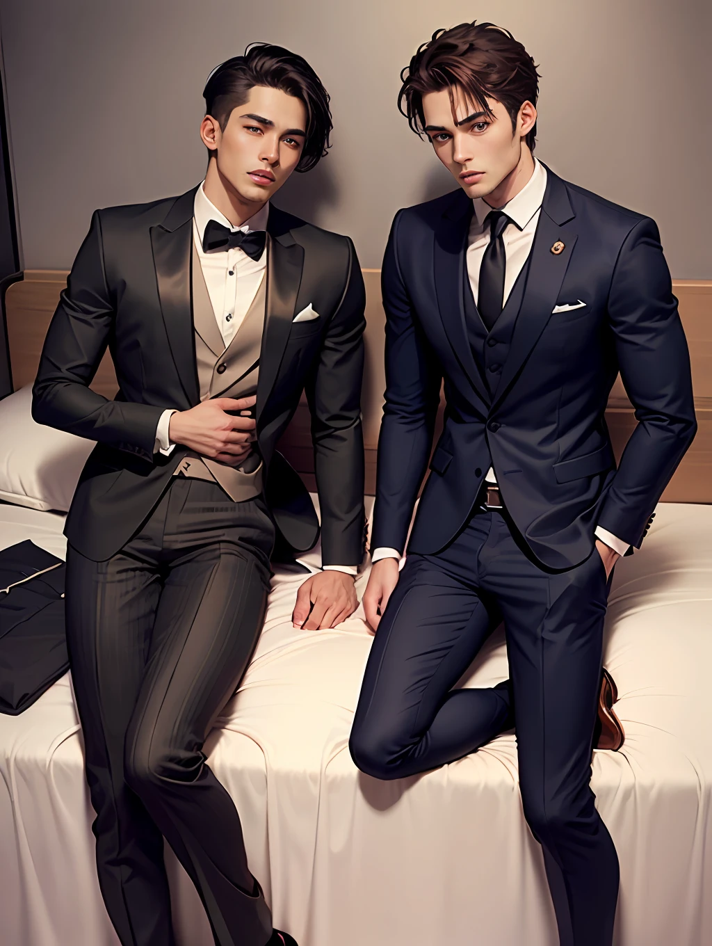 Real Human,Handsome guy in a suit,Both brothers wore tortoiseshell bindings,height is 180 cm,Lying in bed and unable to move,Young and handsome,Slim figure,The older brother wears a striped suit,The younger brother wears a casual suit --auto