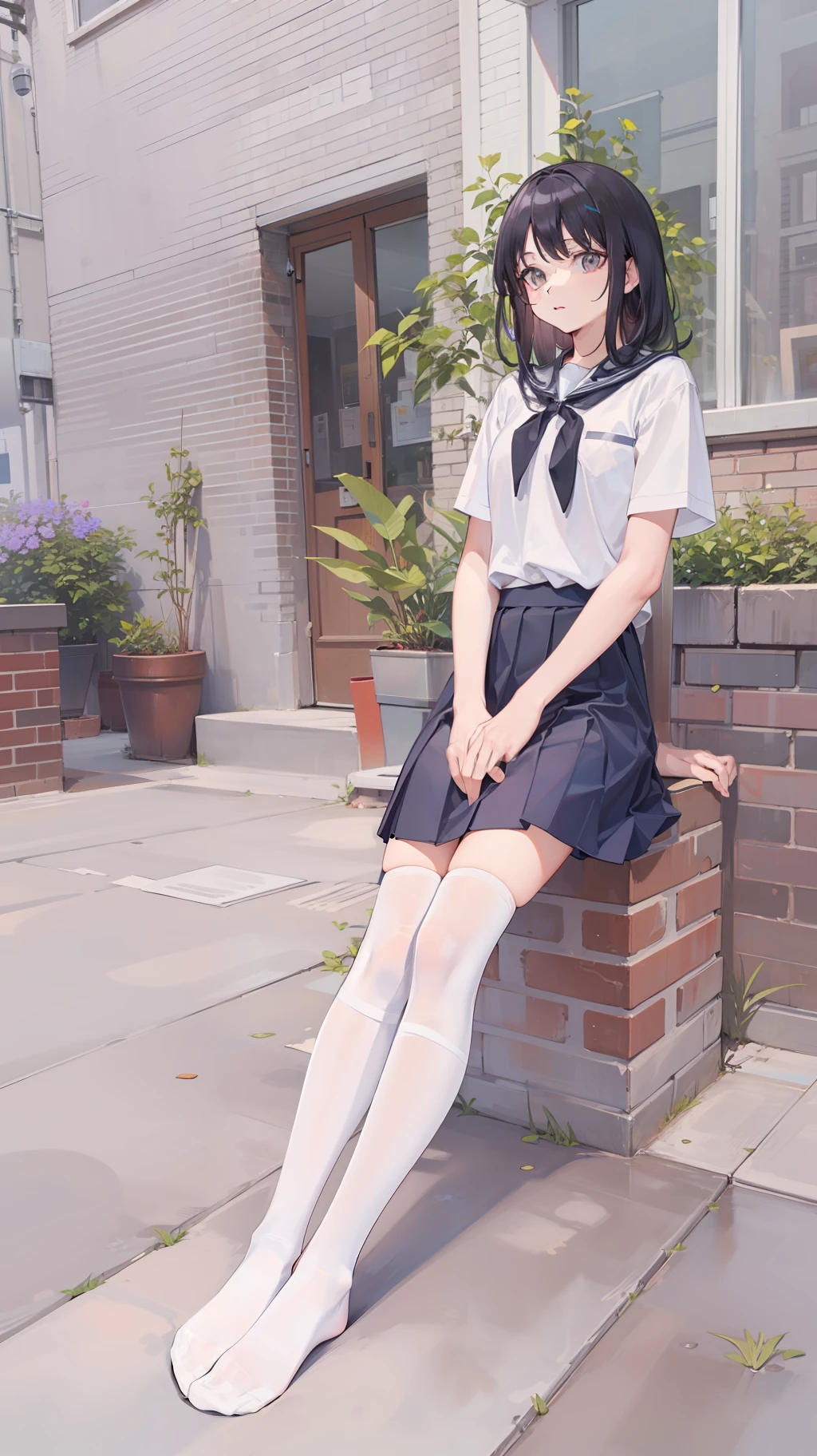 cabelos preto e longos，JK school uniform，White panty hose，without wearing shoes