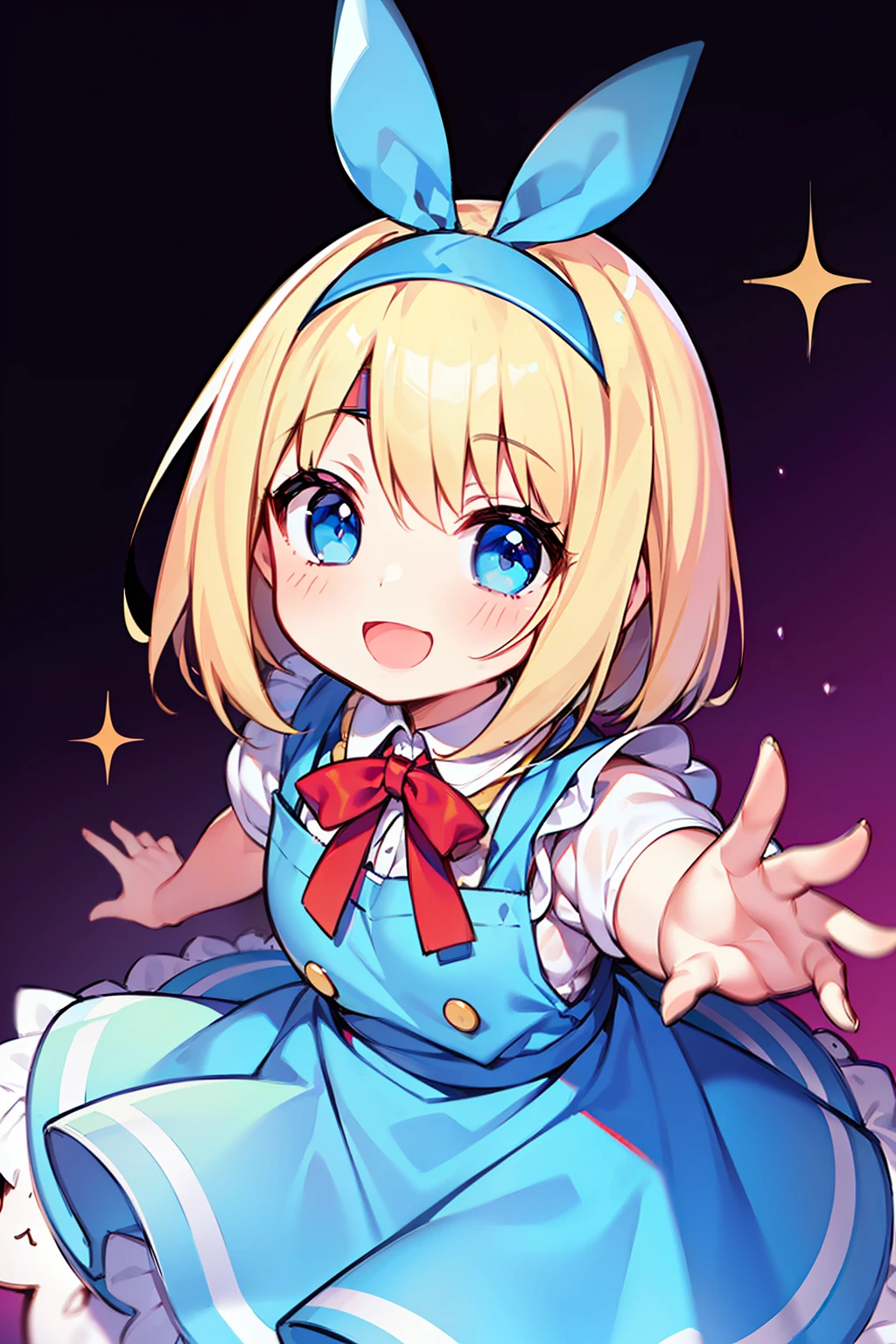 1 girl in、blonde  hair、Blue eyes、short-hair、((alice in the wonderland))、((Blue headband))、pinafore、Ruffled apron、Plump cheeks、Smile with open mouth、Cute lol、chiquita、(Masterpiece Highest Quality:1.2)、((High resolution of the highest quality)), [[bad face]], [[Fused fingers]]