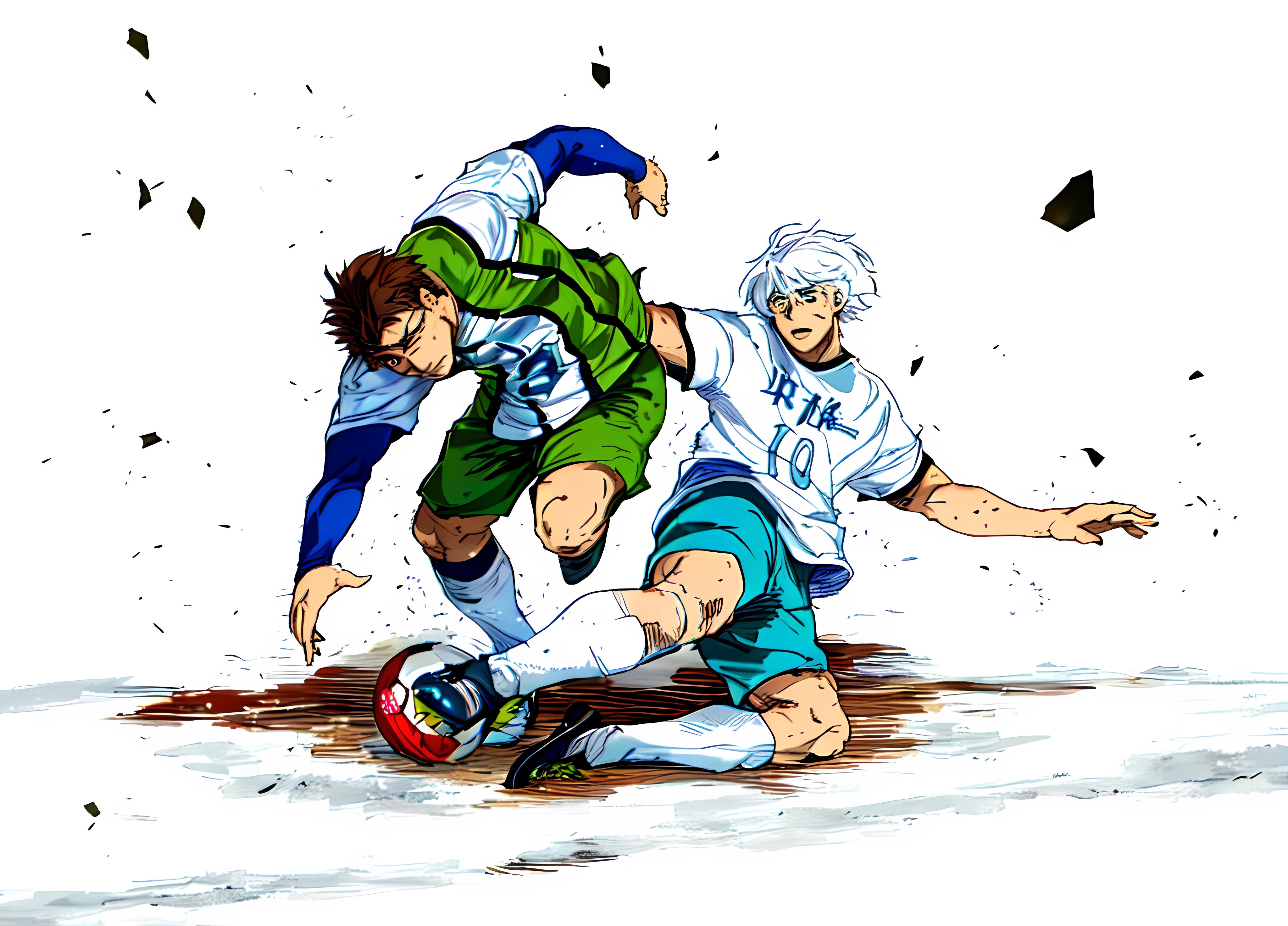 sledding tackles, sledding tackles football, sledding tackles no foul, tense scene,  color manga, manga color, color manga, color manga panel, simple background, a white background