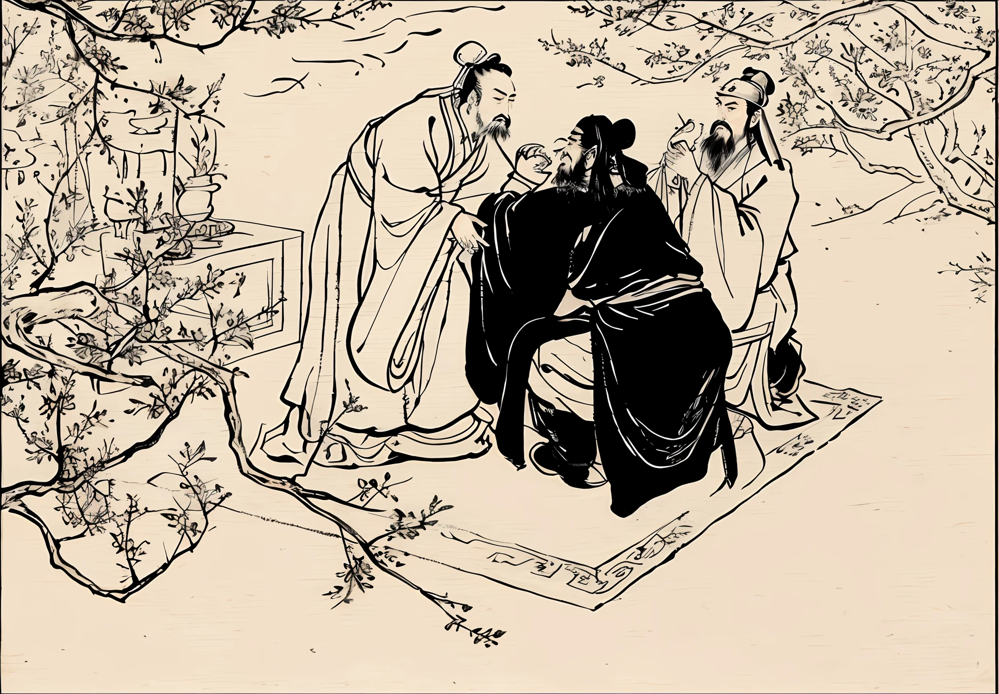Guan yu, zhangfei, Liu Bei, Taoyuan Sanjie, chinese three kingdoms, ren xun and maruyama ōkyo, from three kingdoms, by Xuande Emperor, inspired by Sesshū Tōyō,  Traditional Chinese Ink Painting, Three kingdoms，8K high-definition，Encaustic painting