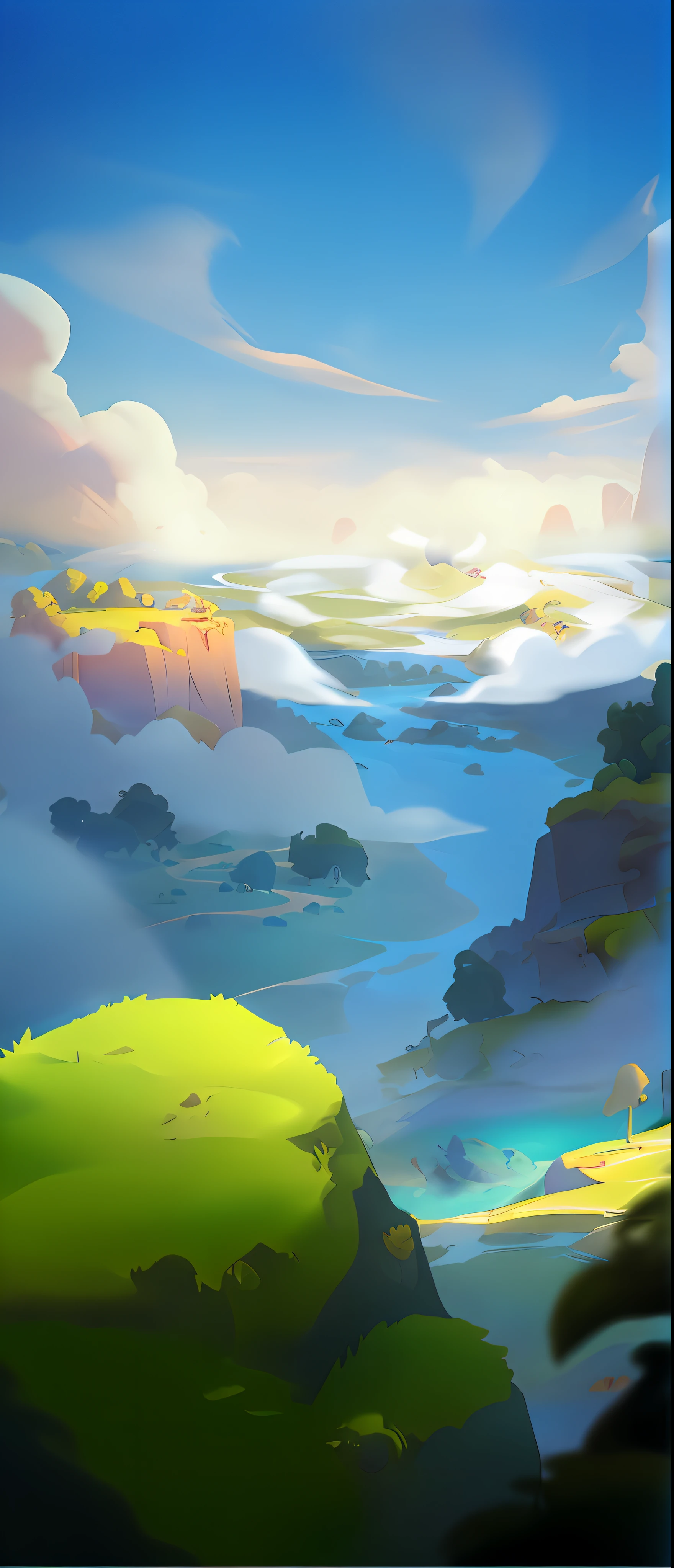 Wide panoramic view, Scenario promotion, Blue skies and few clouds, Golden sunset, European and American cartoon style, 3D rendering of,  Incorporates elements of Disney cartoon style.high definition detail，Hyper-detailing，Cartoony，the soft light，Deep field focus bokeh，