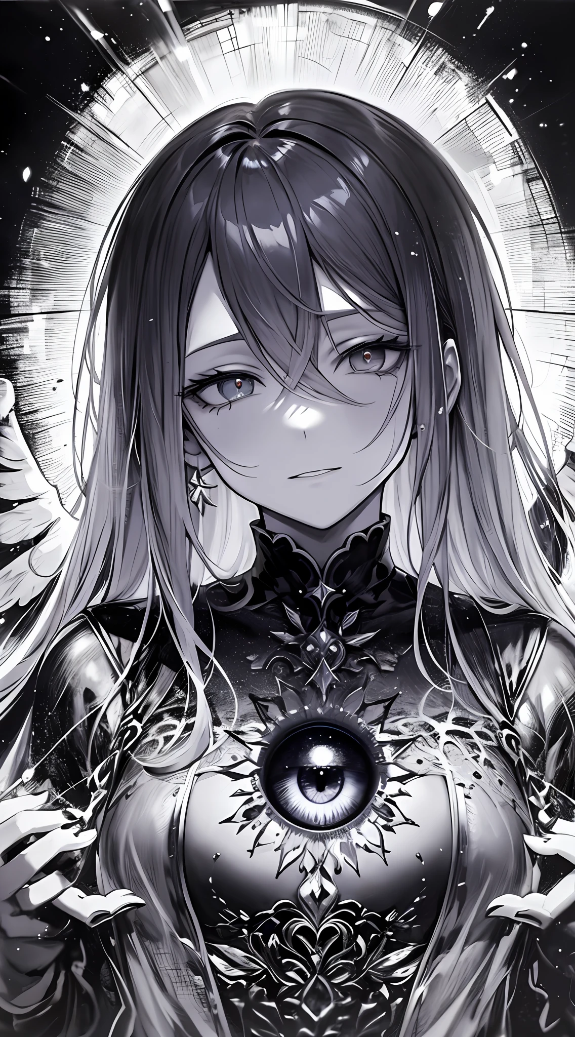 tmasterpiece，Portrait of an angel in prayer，Evil countenance，Three eyes，eye closeds，Black and white wings，A frame eroded by darkness and light