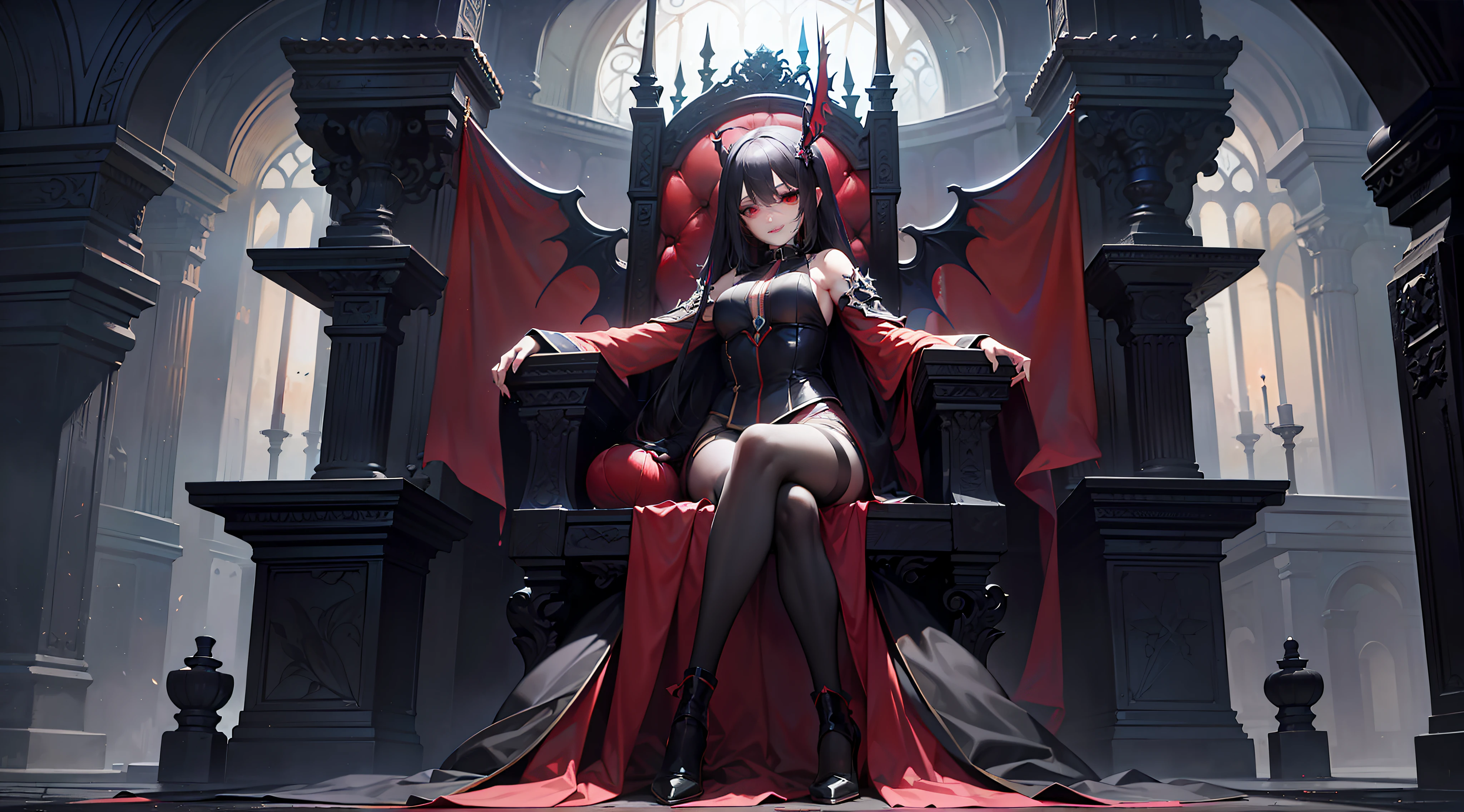 8K raw photo, Best quality, masterpiece, ultra high res,colorful,(photorealistic:1.4),raw photo, neonlight\(ttp\),1girl,solo,(perfect body shape) evil and beautiful, playful, smile, red eyes, (blood), dynamic angle, lying on throne, mystical, fanatic, intricate, surreal, delicate, wearing armored gothic dress,cinematic lighting,perfect face