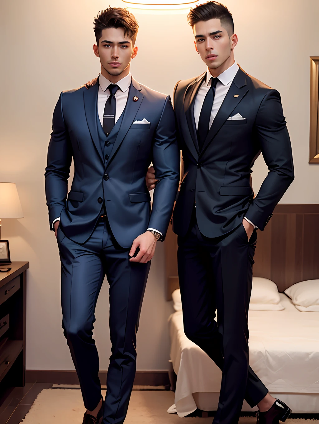 Real Human,Handsome guy in a suit,Both brothers were tied with ropes,The bed was wide,height is 180 cm,Lying in bed unable to move,Young and handsome,Slim figure,The older brother wears a striped suit,The younger brother wears a casual suit